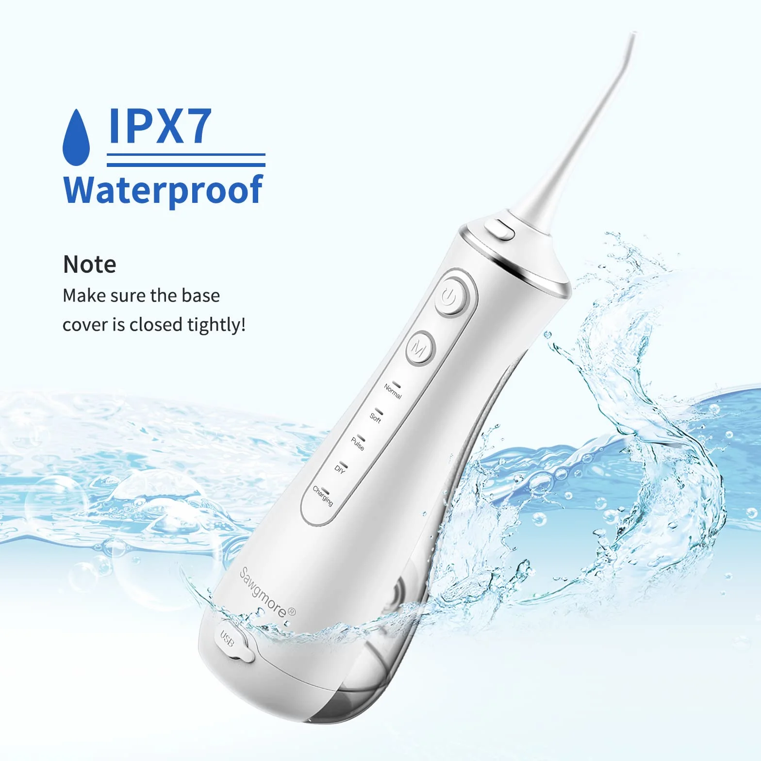 Sawgmore Irrigador Bucal Portatil, Recargable USB, Impermeable IPX7, 4 Modos y 4 Boquillas