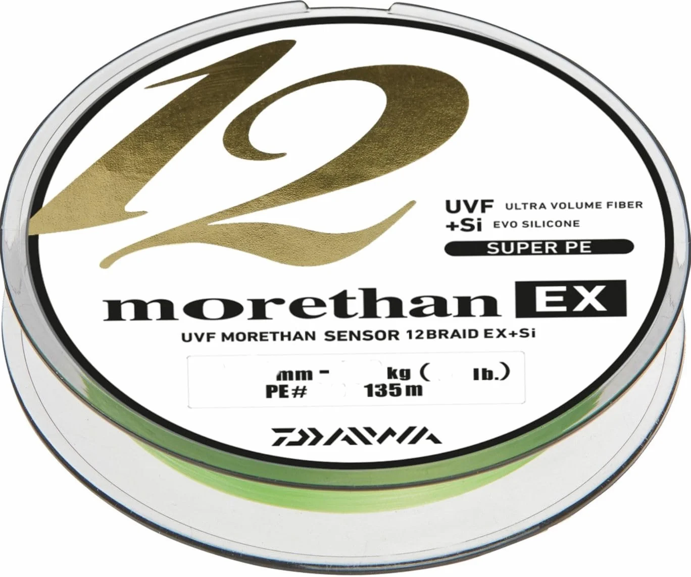 Daiwa Morethan 12 Braid EX+SI, 135 Metros, 0,1mm, 7,3/16,09lbs, Verde Limón, Hilo de Pesca, Línea Trenzada Redonda, 12695010