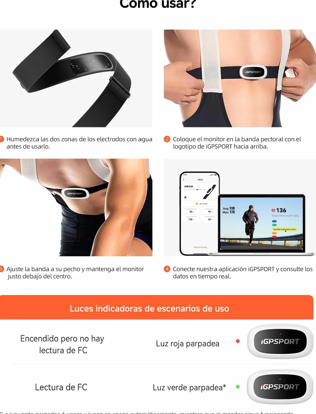 iGPSPORT HR40 Monitor de Frecuencia Cardíaca IPX7 Impermeable Bluetooth ANT+ Correa para el Pecho
