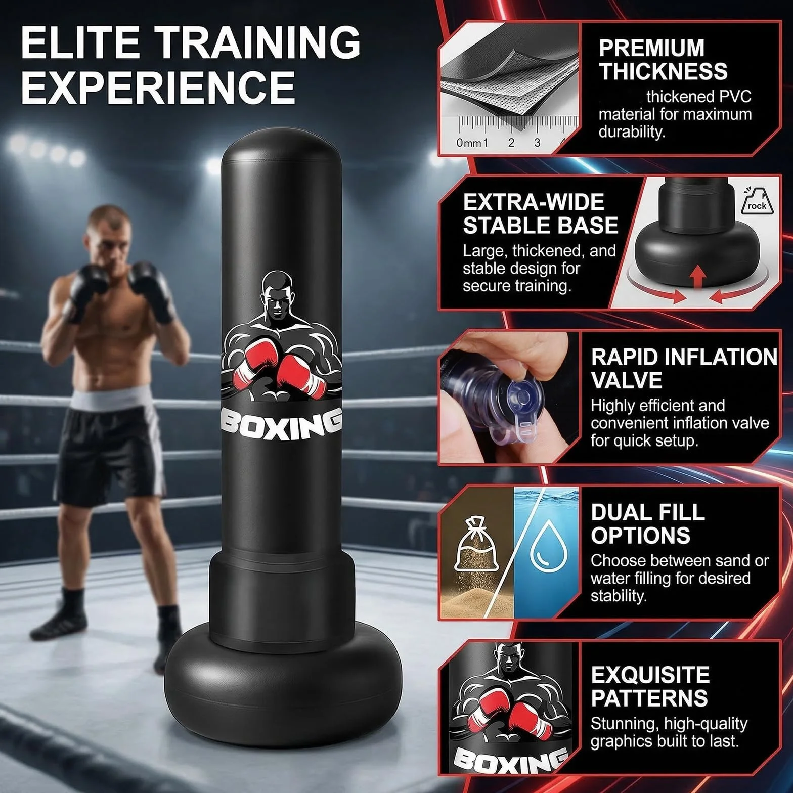 Saco de Boxeo Adulto 180cm Inflable de Pie con Guantes y Bomba Punching Bag de PVC Reforzado para Karate Kickboxing Taekwondo Saco Boxeo Pie para Entrenamiento en Casa