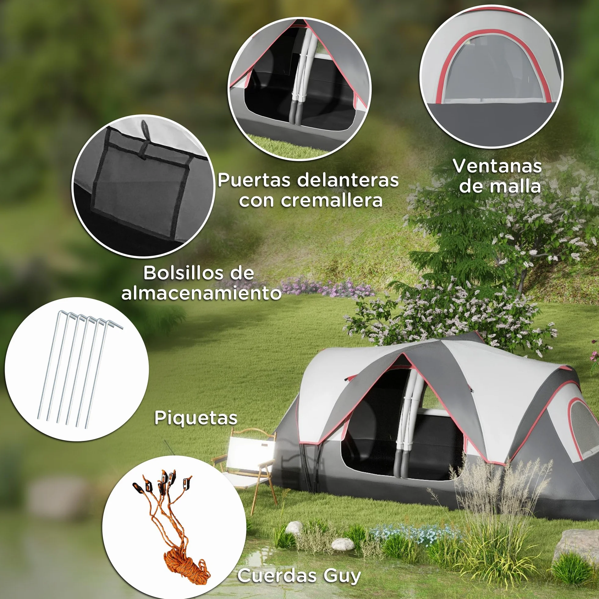 Outsunny Tienda de Campaña Familiar para 6-8 Personas Tienda de Camping Plegable con 2 Habitaciones y Bolsa de Transporte Impermeable para Senderismo 450x215x180 cm