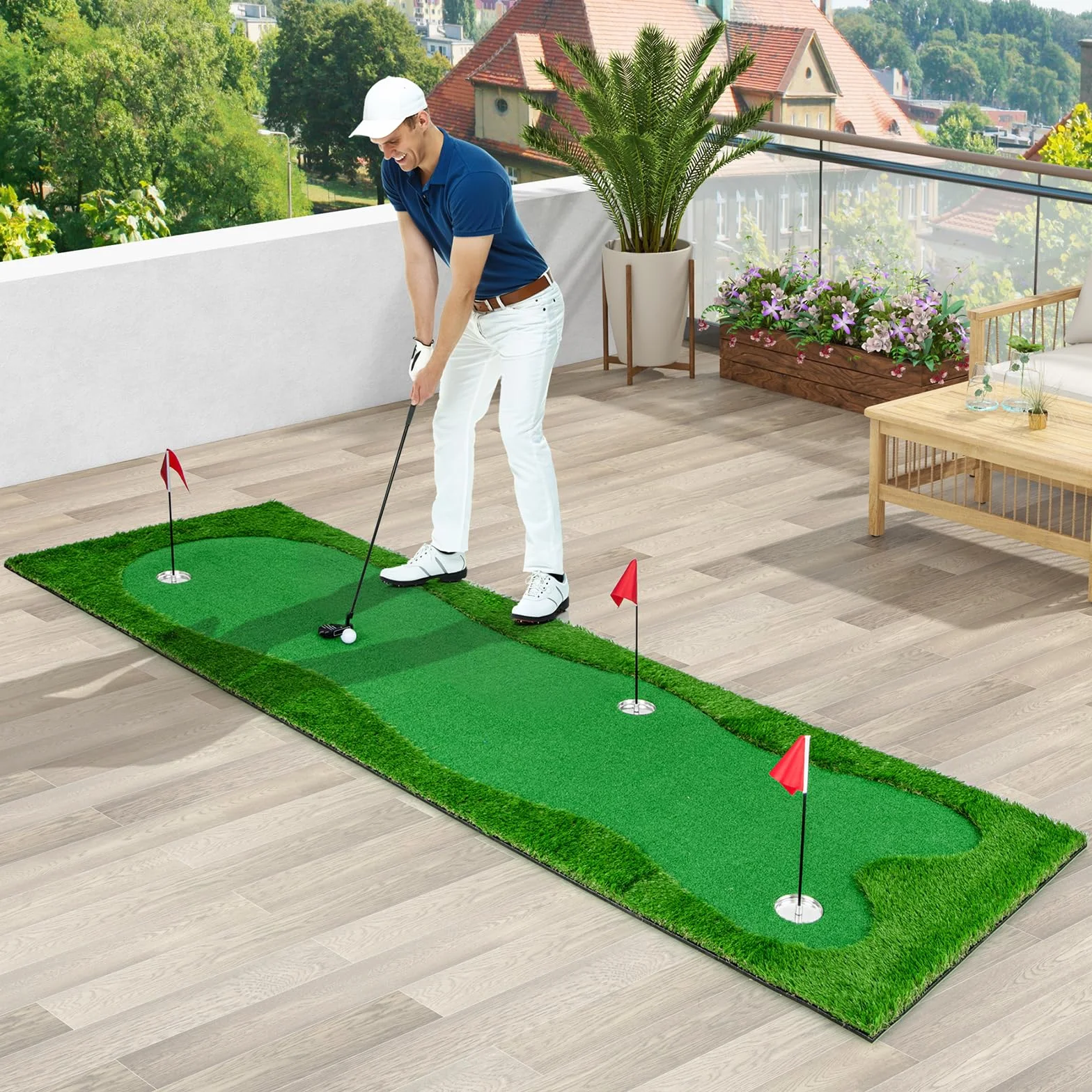 GOPLUS Alfombra de Golf para Putting 3x1 m, Entrenamiento de Golf con 3 Agujeros, Interior Exterior