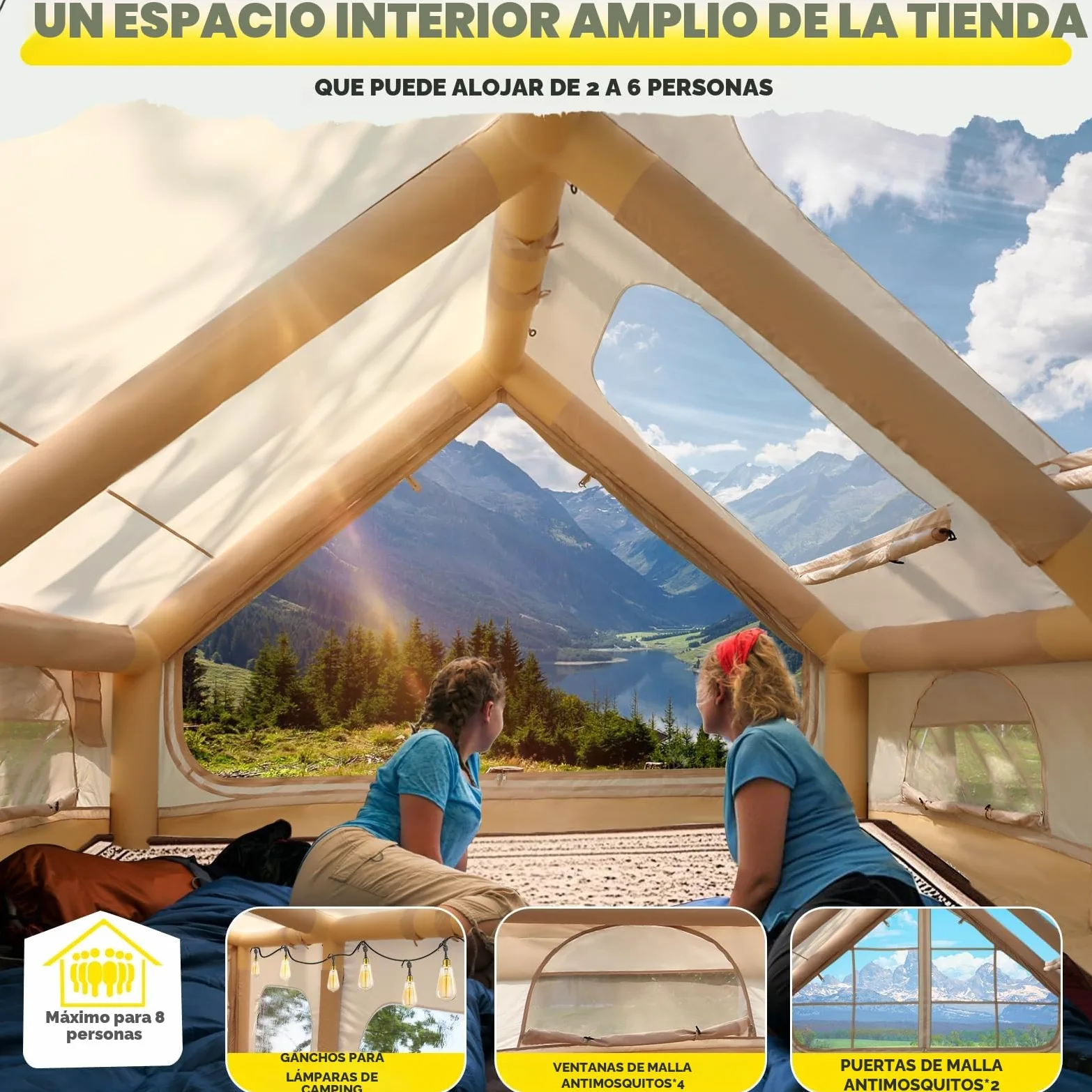 Tienda de campaña inflable con apertura de chimenea y claraboya, para exteriores, 2-10 personas, con bomba de aire, de tela Oxford impermeable, para las 4 estaciones, montaje rápido