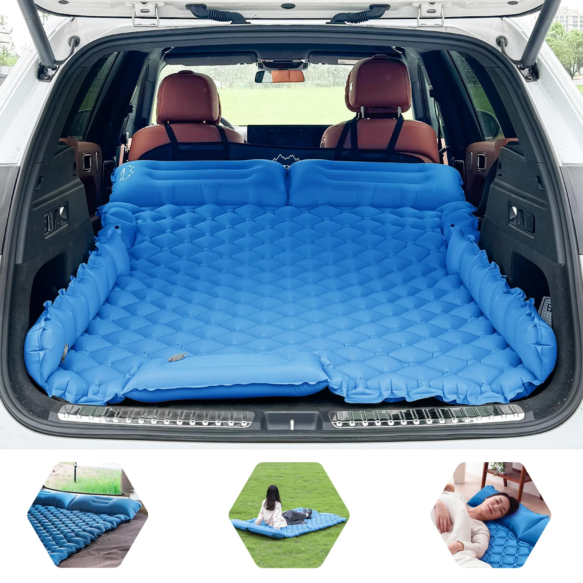 Cama Coche Hinchable Colchón Coche SUV Colchón Aire 2 Personas Cama Aire para Viajar Colchoneta Camping Autoinflable Esterilla para Dormir con Bomba de Pie y Cojín Cama Hinchable 183*13*7CM