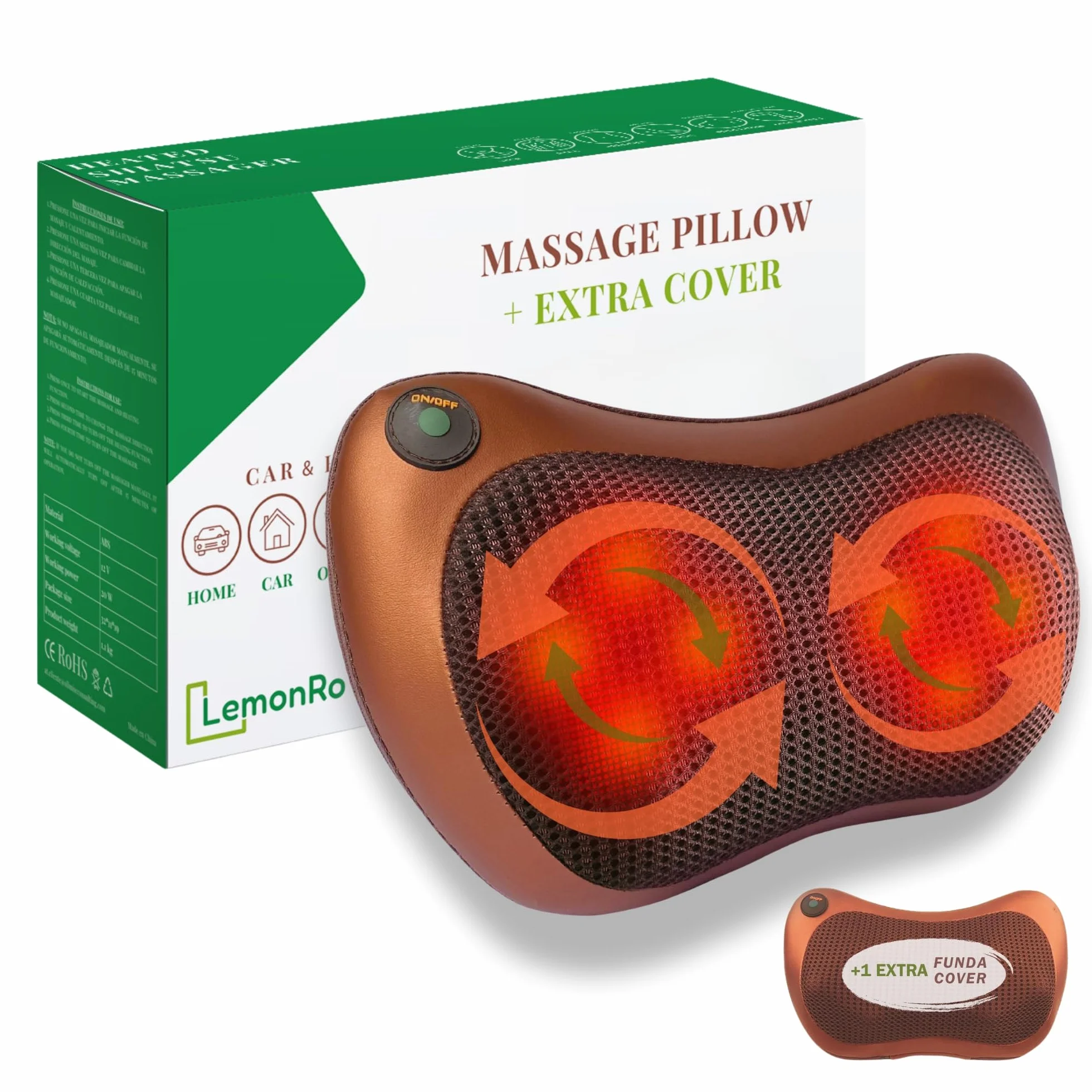 Masajeador Cervical y Espalda Cojín Eléctrico con Calor Funda Extra Marrón Almohada Shiatsu 8 Rodillos
