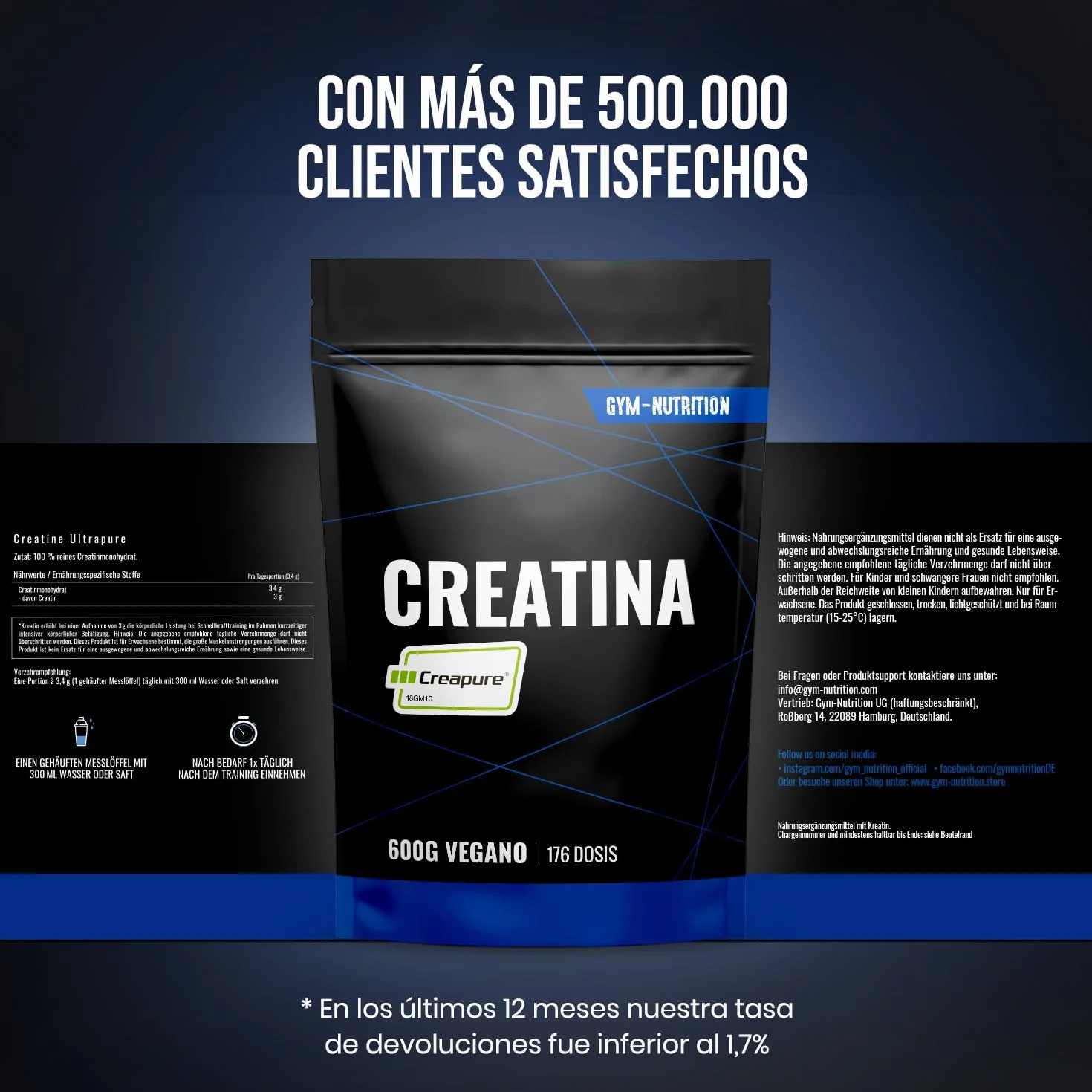 Creatina Monohidratada Creapure® 600 g Polvo Vegano Envasado en Alemania