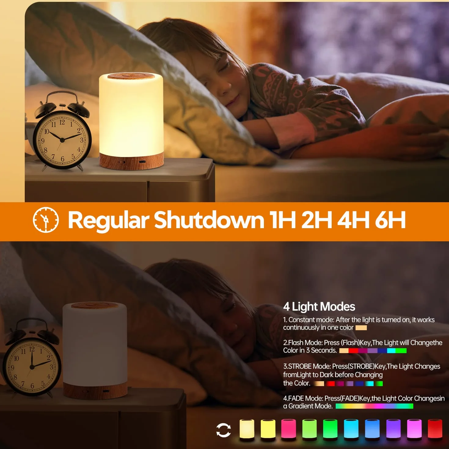 Lámparas de Mesita de Noche LED, Luz Nocturna Táctil Regulable con 10 Colores y 4 Modos RGB USB Recargable