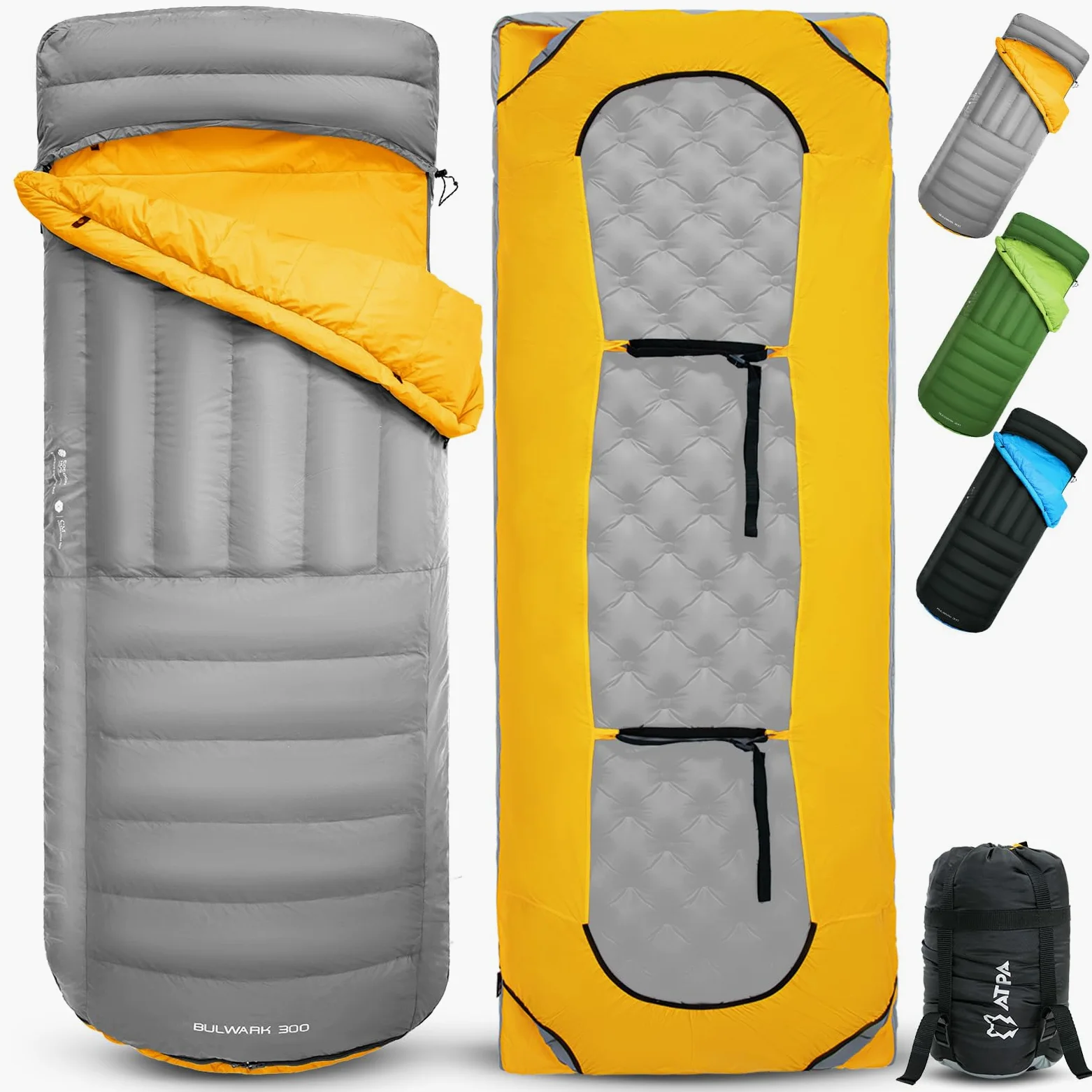 ATEPA Saco de Dormir de plumón para mochilero, Ultraligero, 650 FP, -6.7 °C/-1.1 °C 4 Estaciones, Saco de Dormir de 2 Piezas, Material reciclable con Saco de compresión, como Manta, Color Gris
