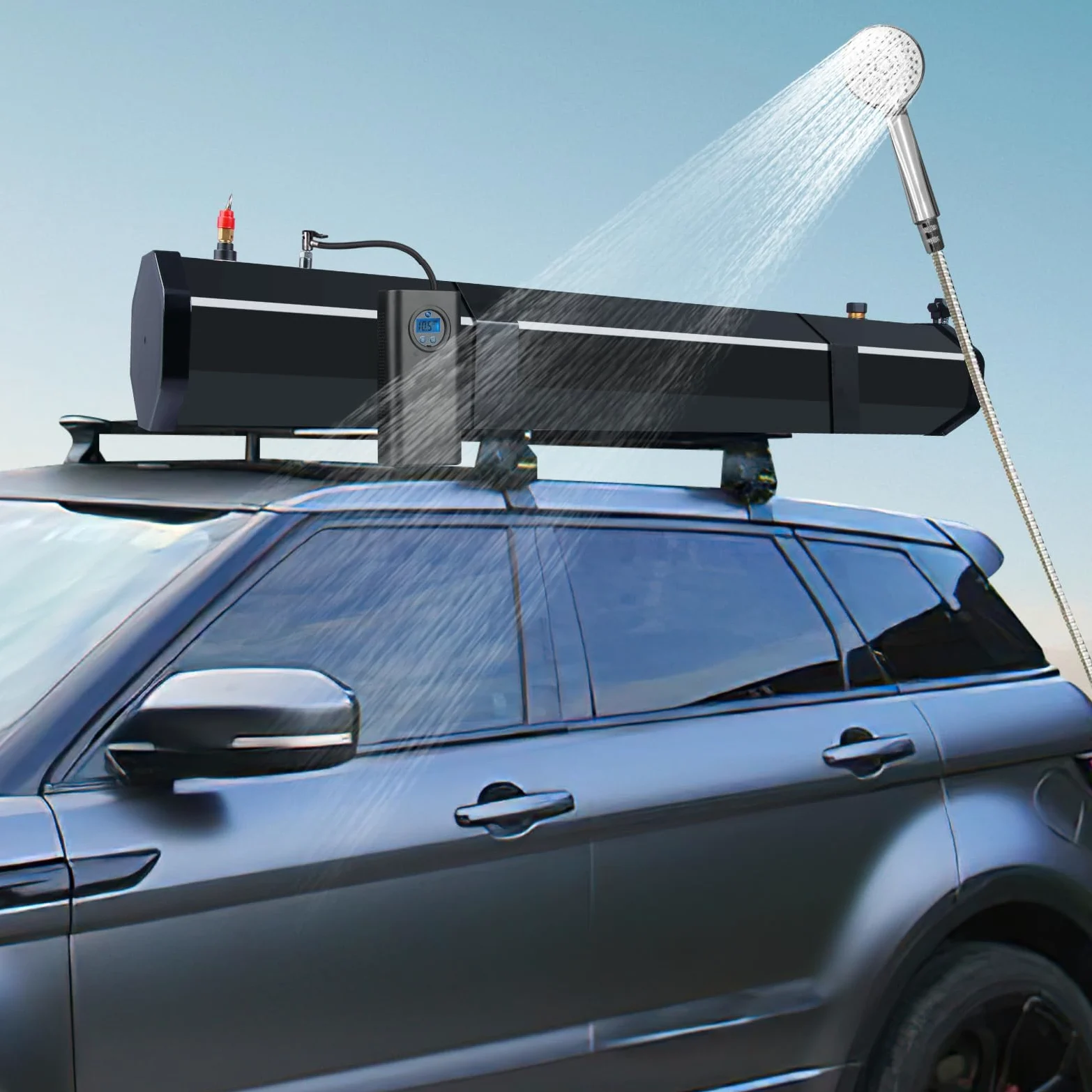 Ducha Portátill Camping, 30L Depósito de Agua Presurizada, Ducha Solar Exterior, con Manguera Ducha y Alcachofa, Montaje En Portaequipajes para Crossovers, Camiones, SUV, Furgonetas Camper, Etc.