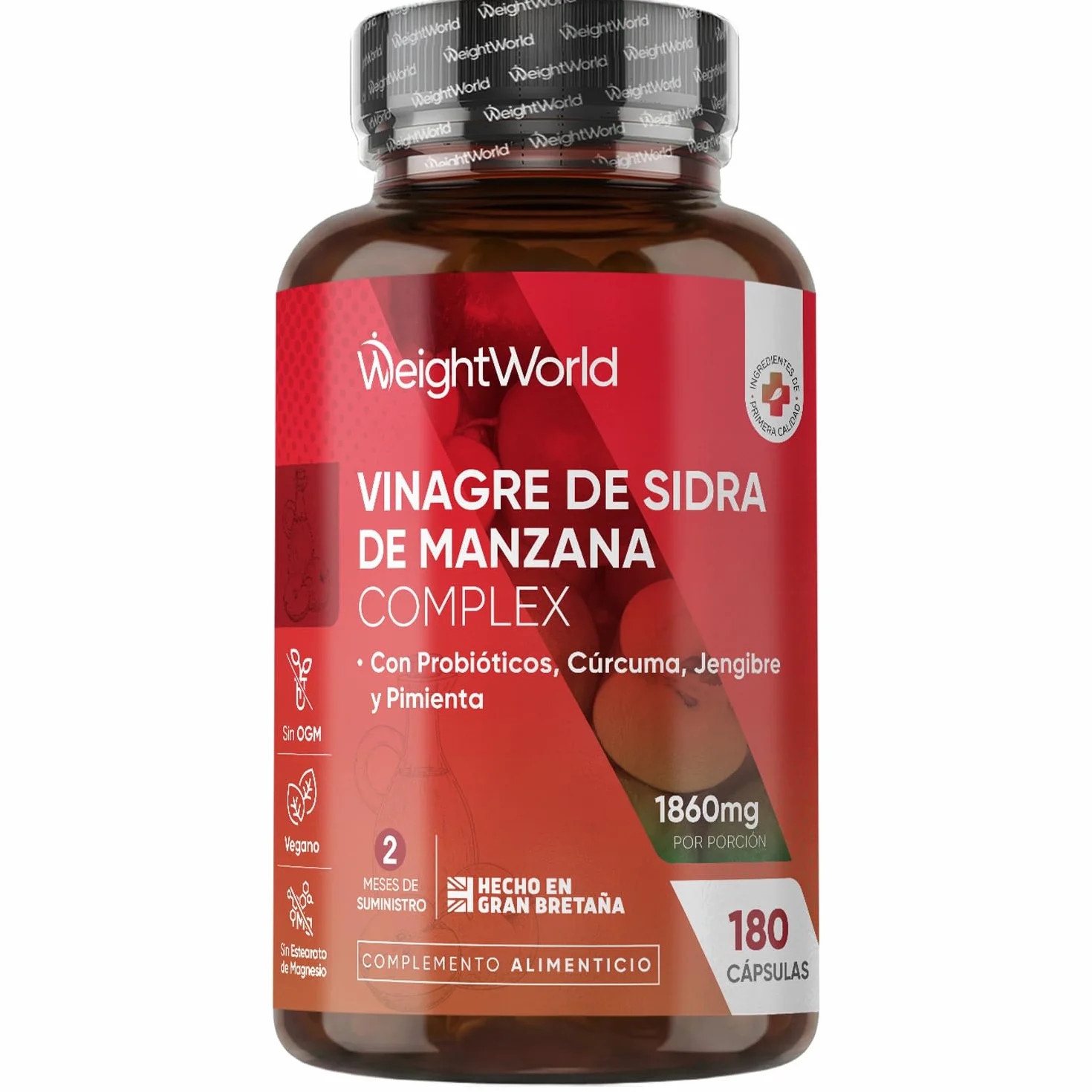 Vinagre de Sidra de Manzana 1860 mg - 180 Cápsulas con Probióticos, Cúrcuma, Jengibre y Pimienta de Cayena - Suplemento Vegano Sin OGM Sin Gluten