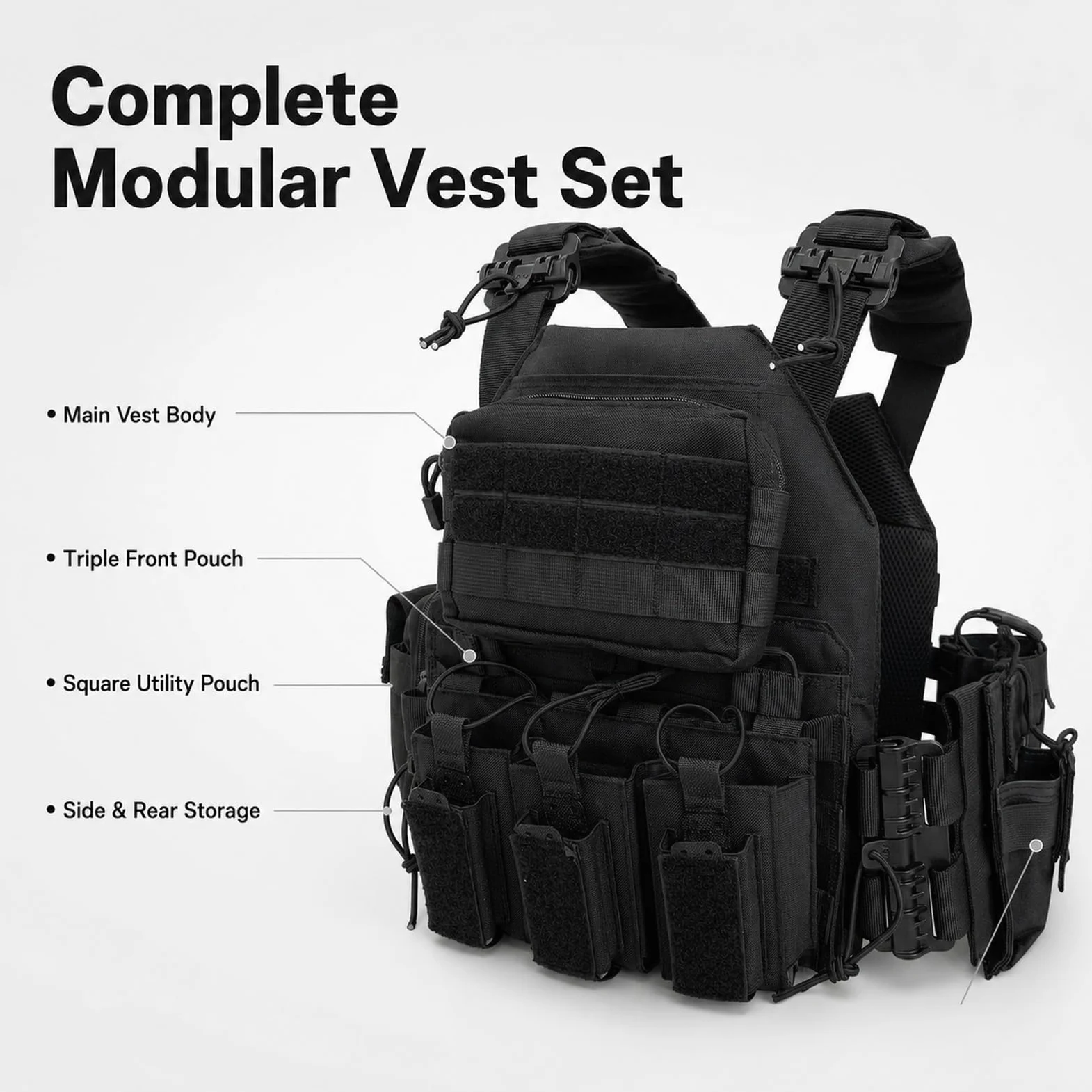 Genérico Arnes de Carga Modular Kit, Chaleco de Pecho Airsoft Ajustable | Incluye Base Bolsa Triple Bolsa Cuadrada Pequena Bolsa Smartphone Bolsa Radio y Bolsa Trasera de Carga Utilidades