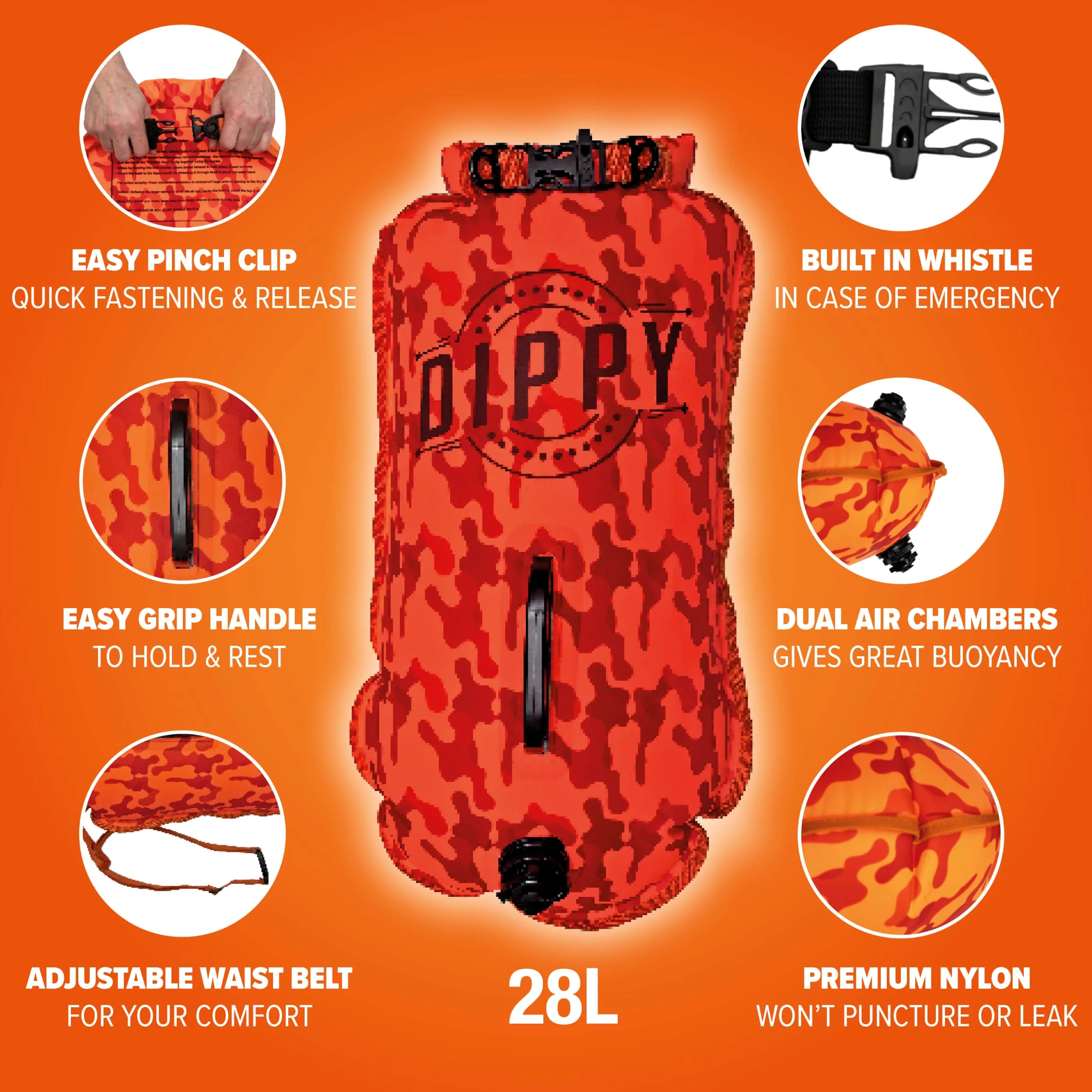 DIPPY - Flotadores de remolque para natación en aguas abiertas | Boya de natación de 28 L | Flotador de natación impermeable | Bolsa seca de flotador de remolque | Flotador de natación salvaje |