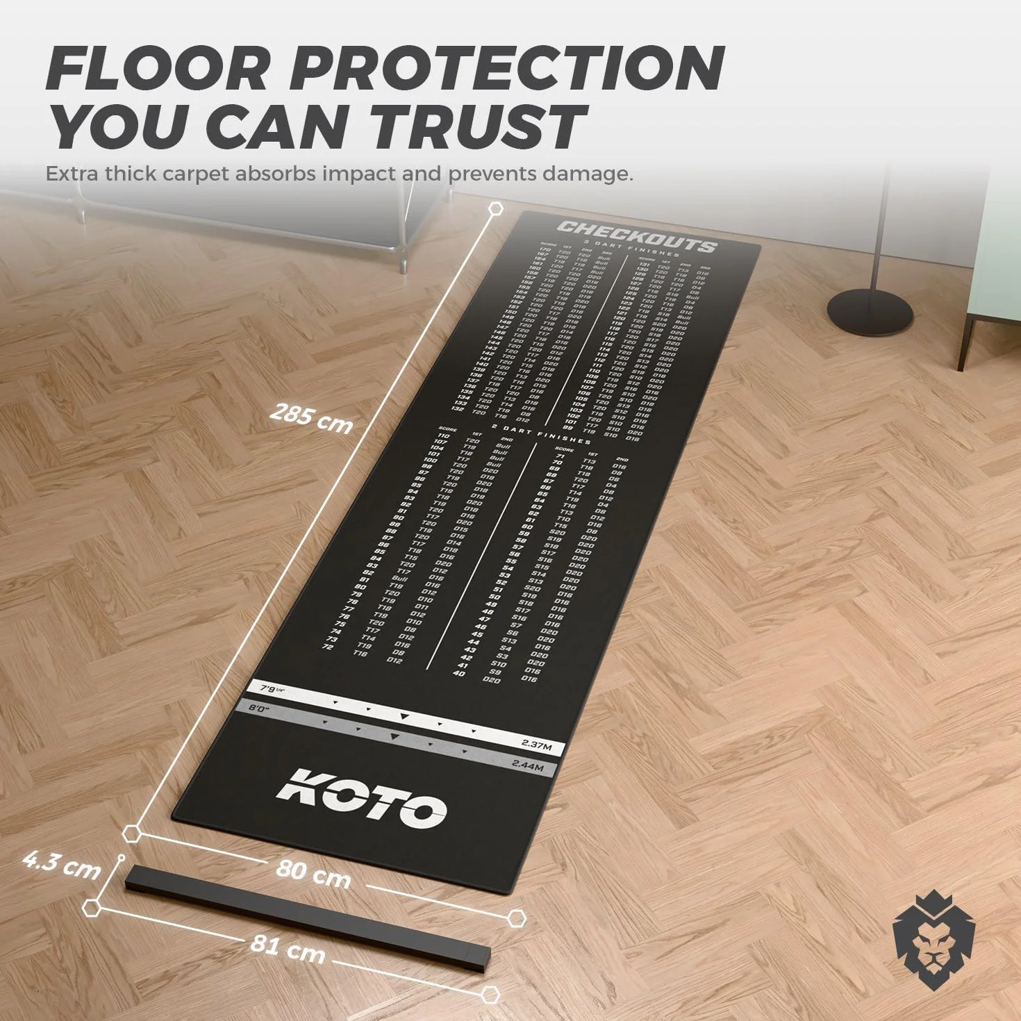 KOTO darts Dartshopper - Alfombra de Dardos 285 x 80 cm, Alfombra Profesional para Proteger el Suelo y los Dardos