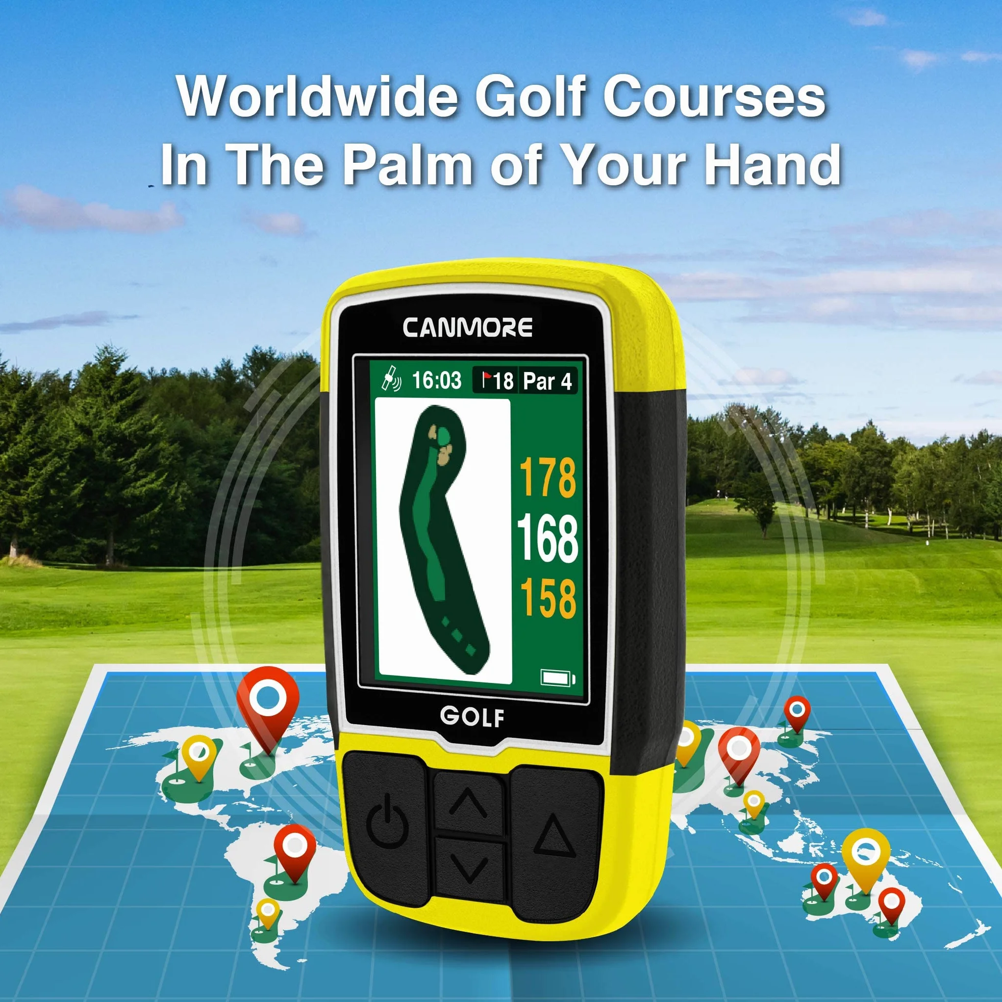 GPS CANMORE HG200 Plus para Golf - Color fácil de Leer precargado 41.000 mapas de Campos en Todo el Mundo, Forma del Green y la Calle - Resistente al Agua