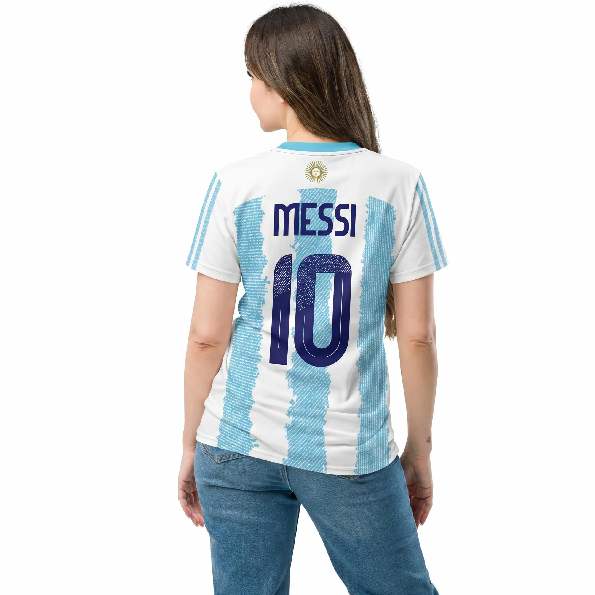 Lionel Messi & Argentina. Camiseta Deportiva, de fútbol. Estilo Deportivo. Unisex. 100% Interlock. Diseño de fantasía. Somos Sportivo Maglietta. CAM0092.