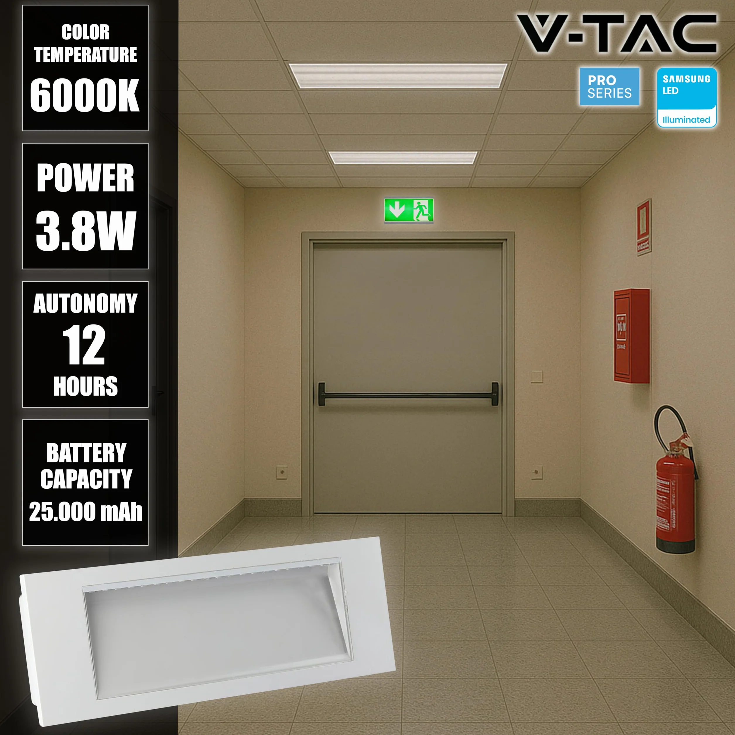 V-TAC Lámpara LED de Emergencia 3,8W 25000 mAh IP20 6000K Luz Empotrable