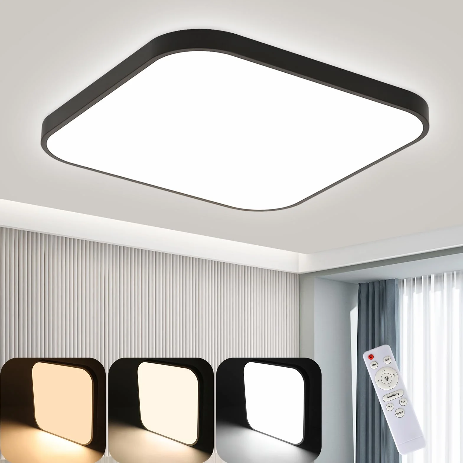 ZMH Lámpara de Techo LED Regulable 15W Negro 27cm IP44 Impermeable con Mando a Distancia