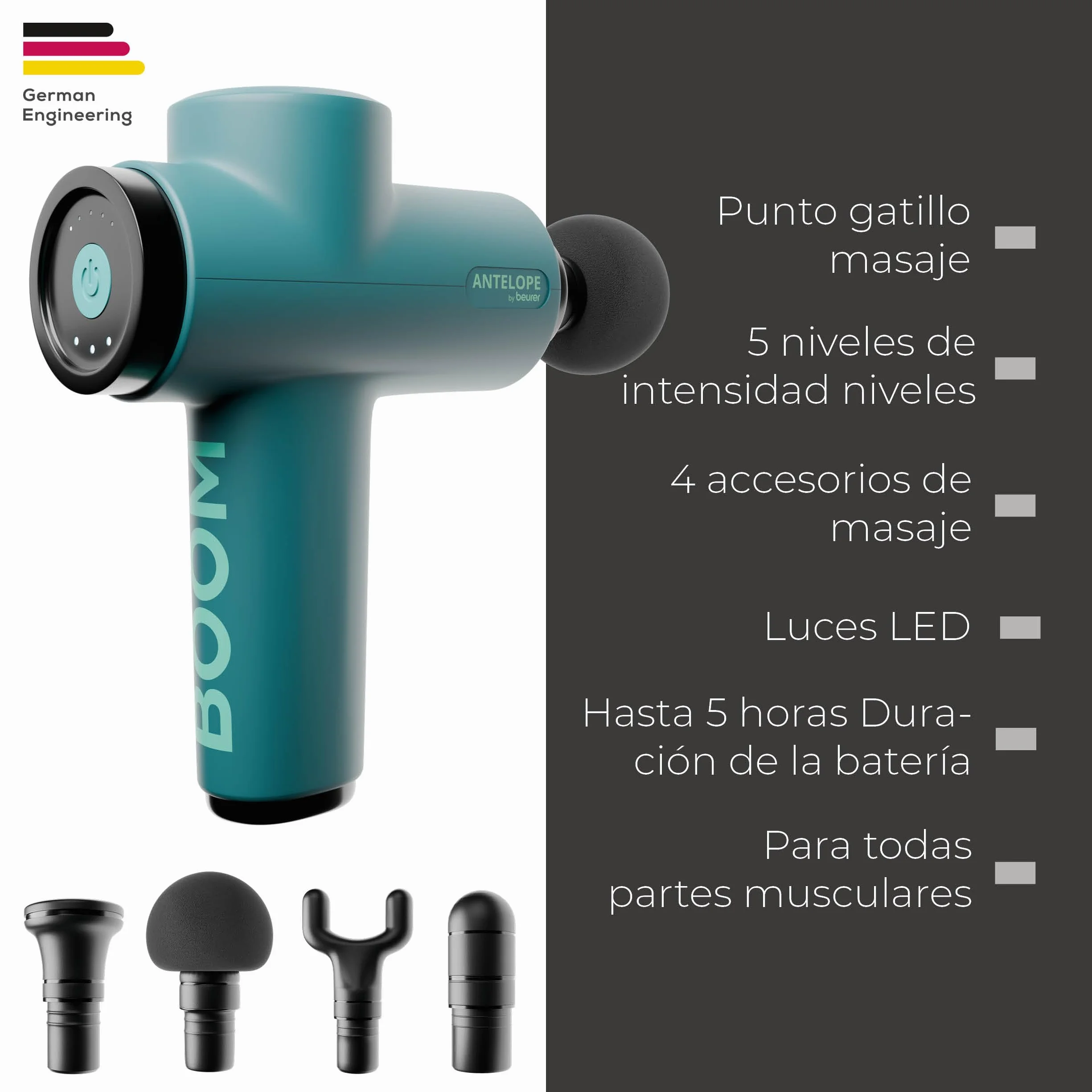 Beurer BOOM Pistola de masaje muscular, Massage Gun compacta, 4 accesorios, 5 niveles de intensidad, batería