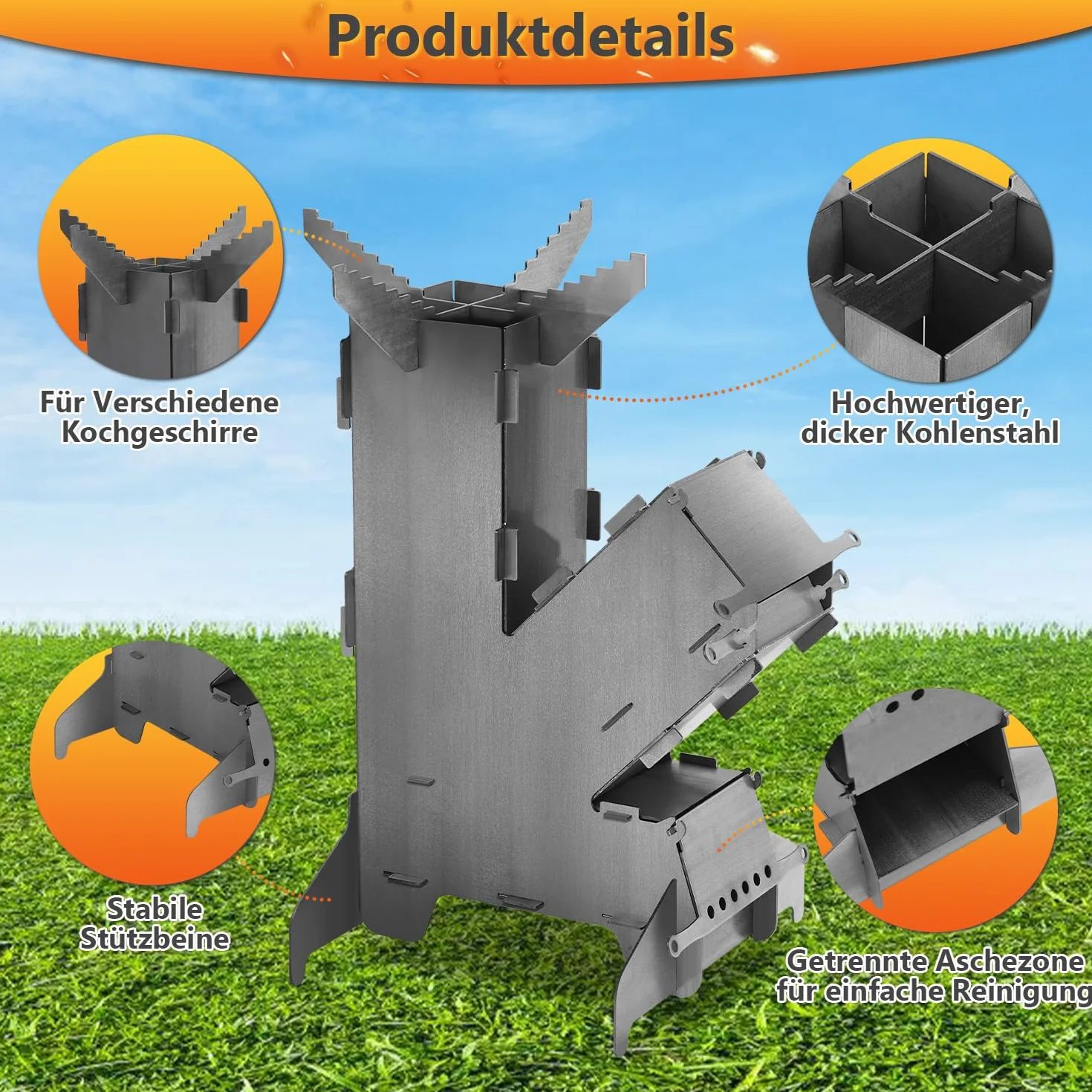 Eulenke Horno de cohetes con placa de parrilla y gancho para fuego, sistema de conexión Rocket Stove de acero de 3 mm de grosor, estufa de cohetes, estufa de leña, estufa de camping, estufa de cañón