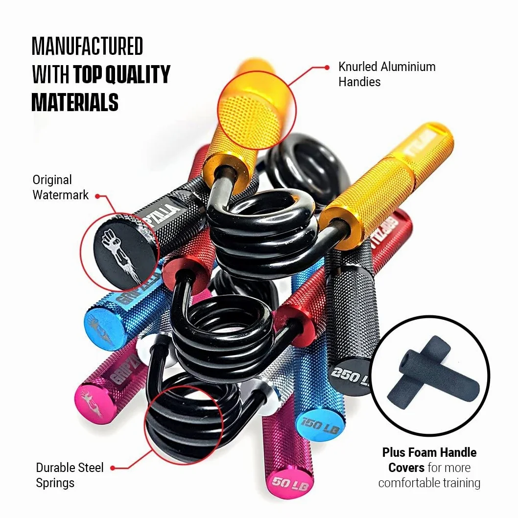 GRIPZILLA Entrenador de fuerza de agarre de 50 a 300 libras, paquete de 6, rosa, plata, azul, rojo, amarillo y negro