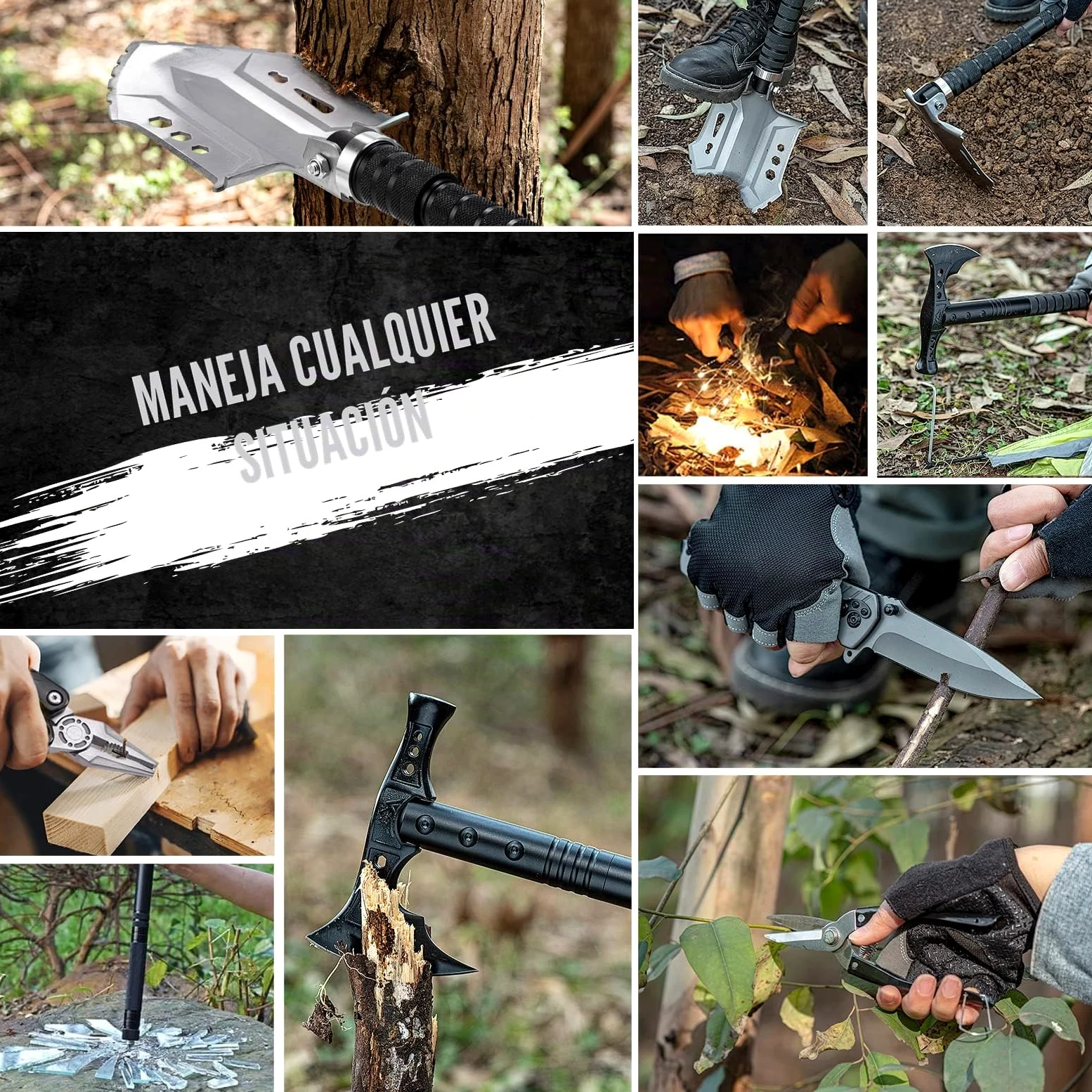 Juego de pala de supervivencia al aire libre con equipo de camping de acero de alto carbono para hombres al aire libre, senderismo, mochileros, emergencia | Equipo de camping para hombre, al aire libre, camping, senderismo, mochilero, emergencia