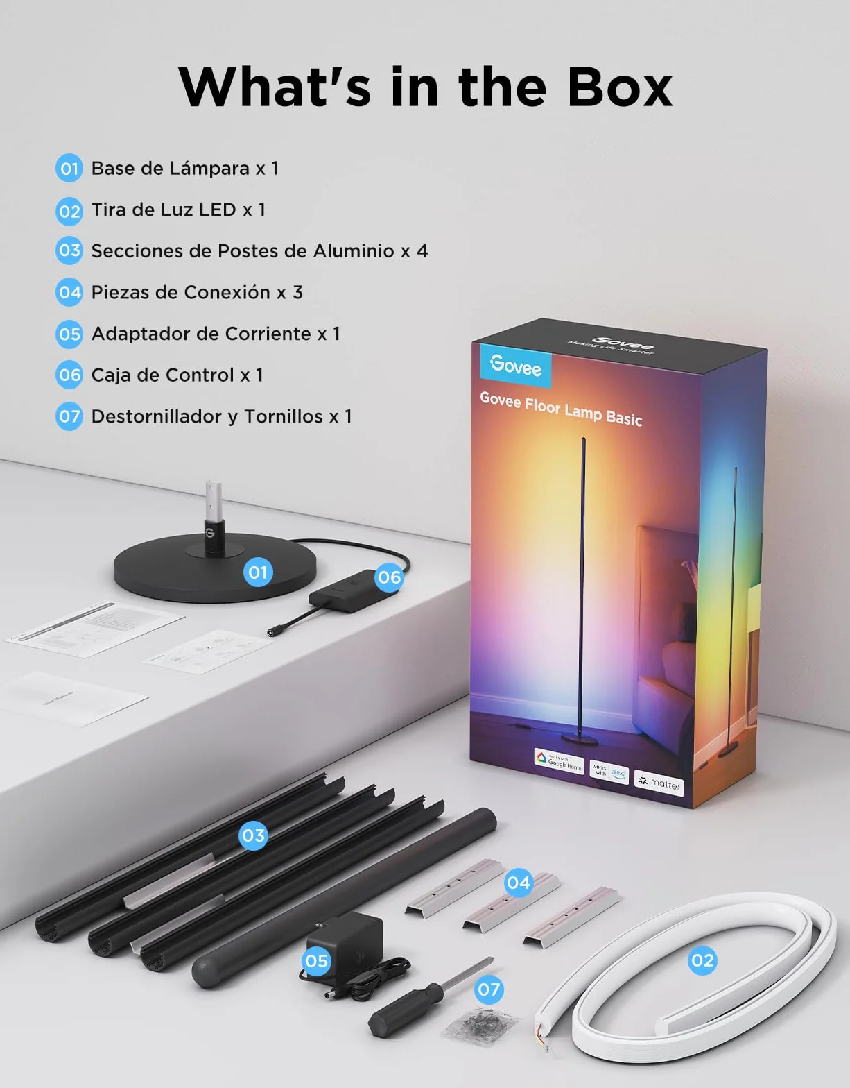 Govee Lámpara de Pie RGBIC LED 16 Millones de Colores 61 Modos de Escena Sincronización Musical Alexa Google Assistant Matter