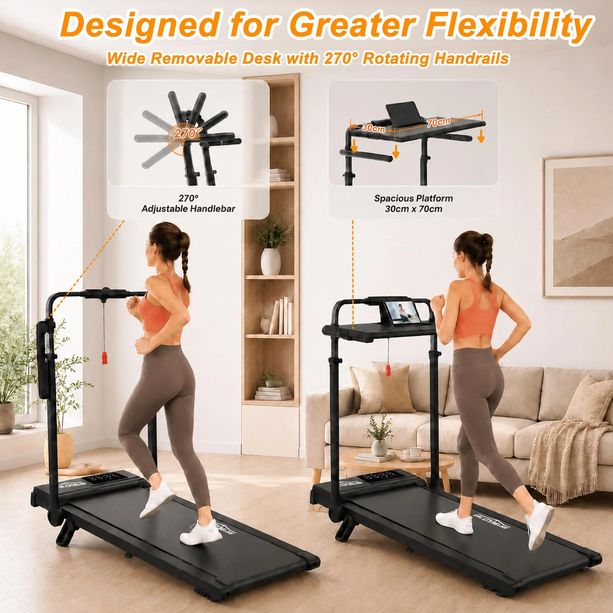 Walking Pad 3 en 1 con 7% Inclinación, Cinta Plegable Bajo Escritorio 1–12 km/h para Oficina en Casa, Manillar Ajustable y Mesa Extraíble, Motor Silencioso 2,5 HP