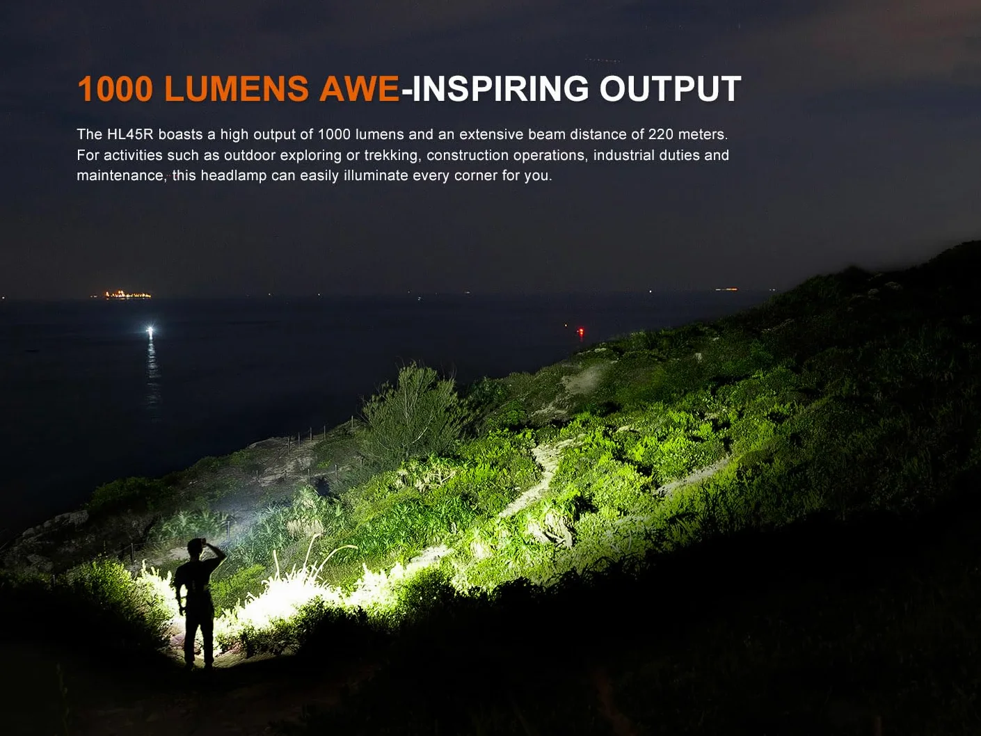 Fenix HL45R Linterna frontal LED recargable, 1000 lúmenes, zoom claro, 220 m, USB recargable, 3 pilas AAA Dual Fuel, detección de gestos, control giratorio, IP66, resistente al agua, camping, correr