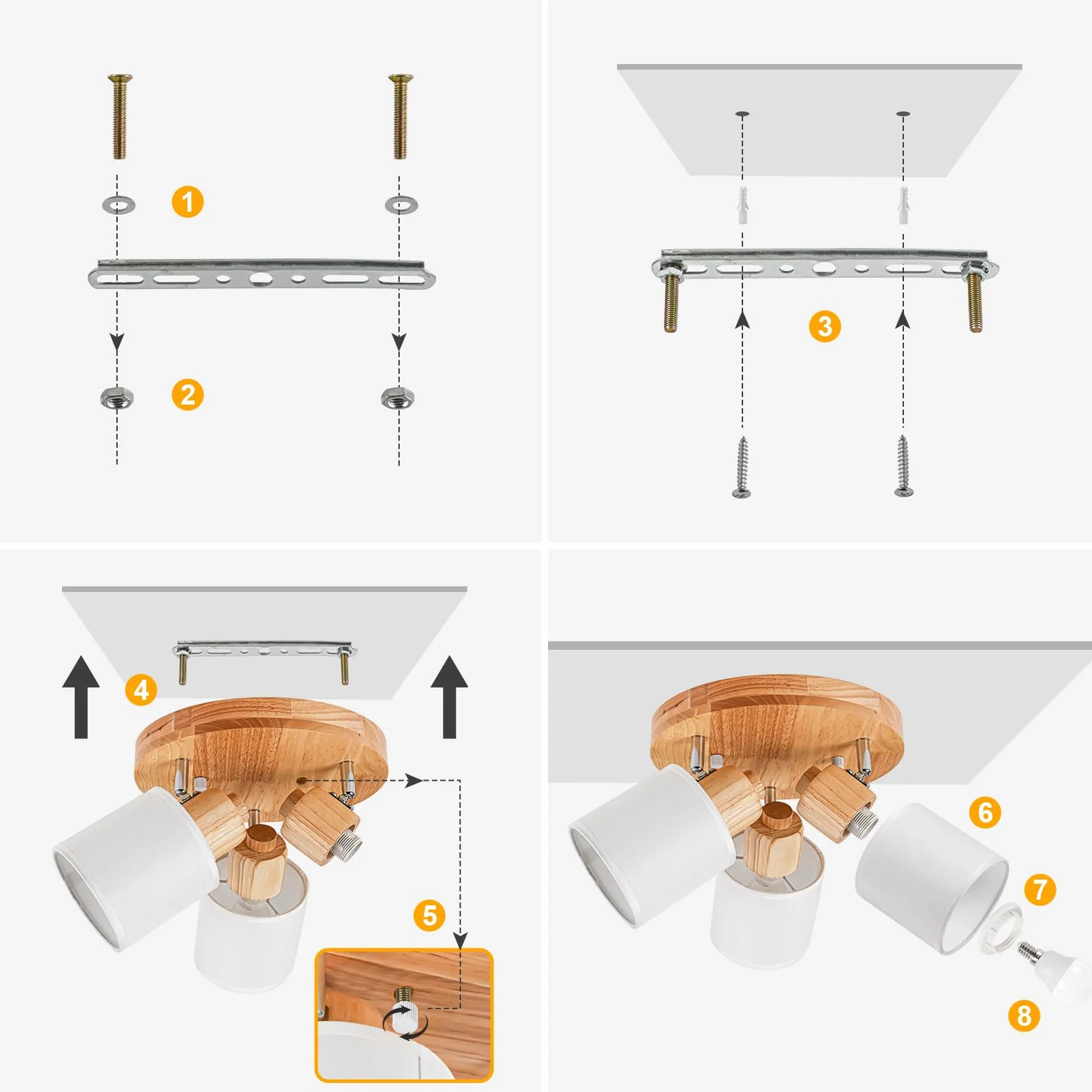 Lámpara de Techo 3 Focos Orientable Redonda Madera E14 Retro Aplique Pared Interior Giratorios