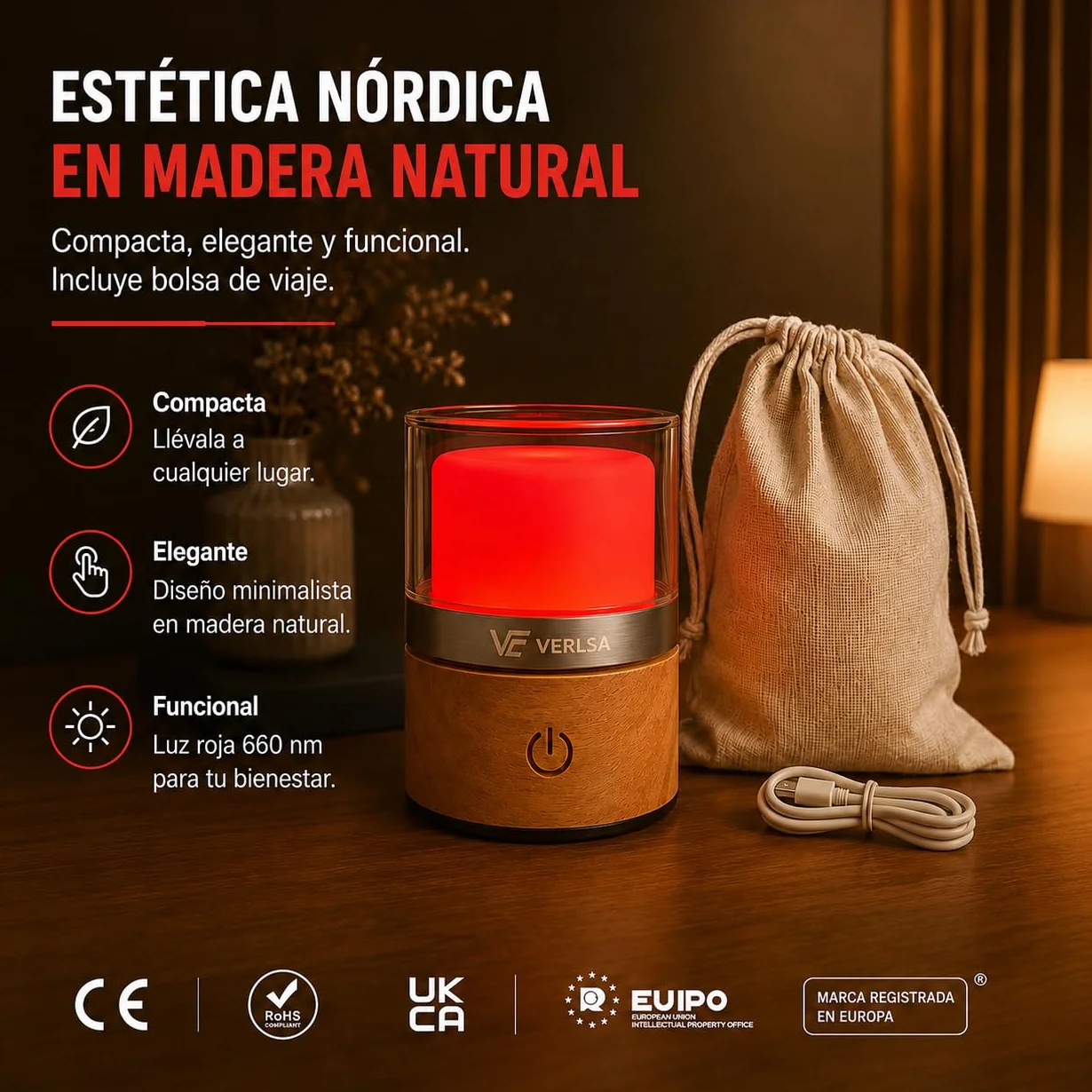 Lámpara Luz Roja Nocturna 660nm Terapia de Luz Roja Recargable Timer 30-60 min