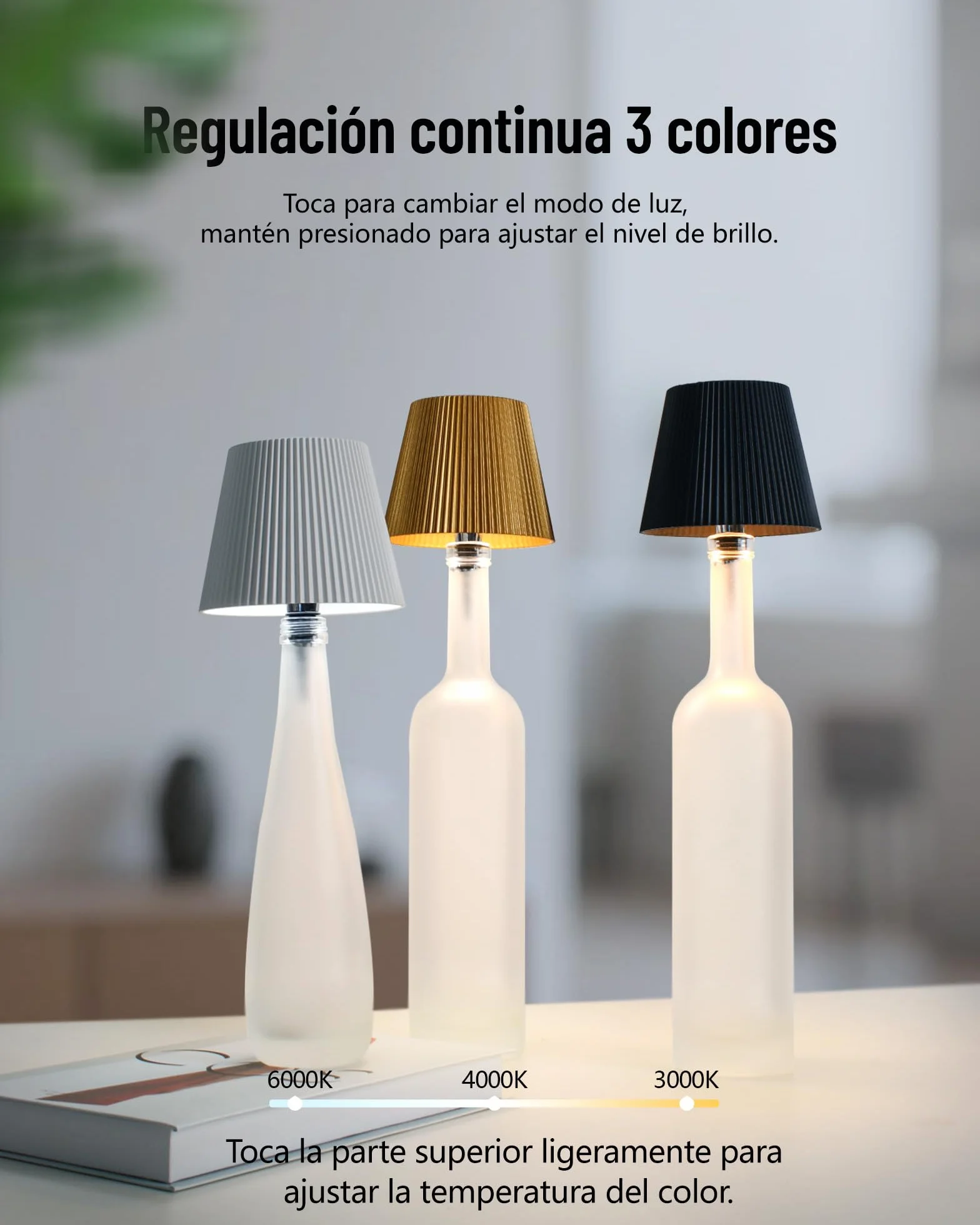 Lámpara Botella LED Blanca Recargable USB-C IP54 3 Tonos Regulables sin Cable