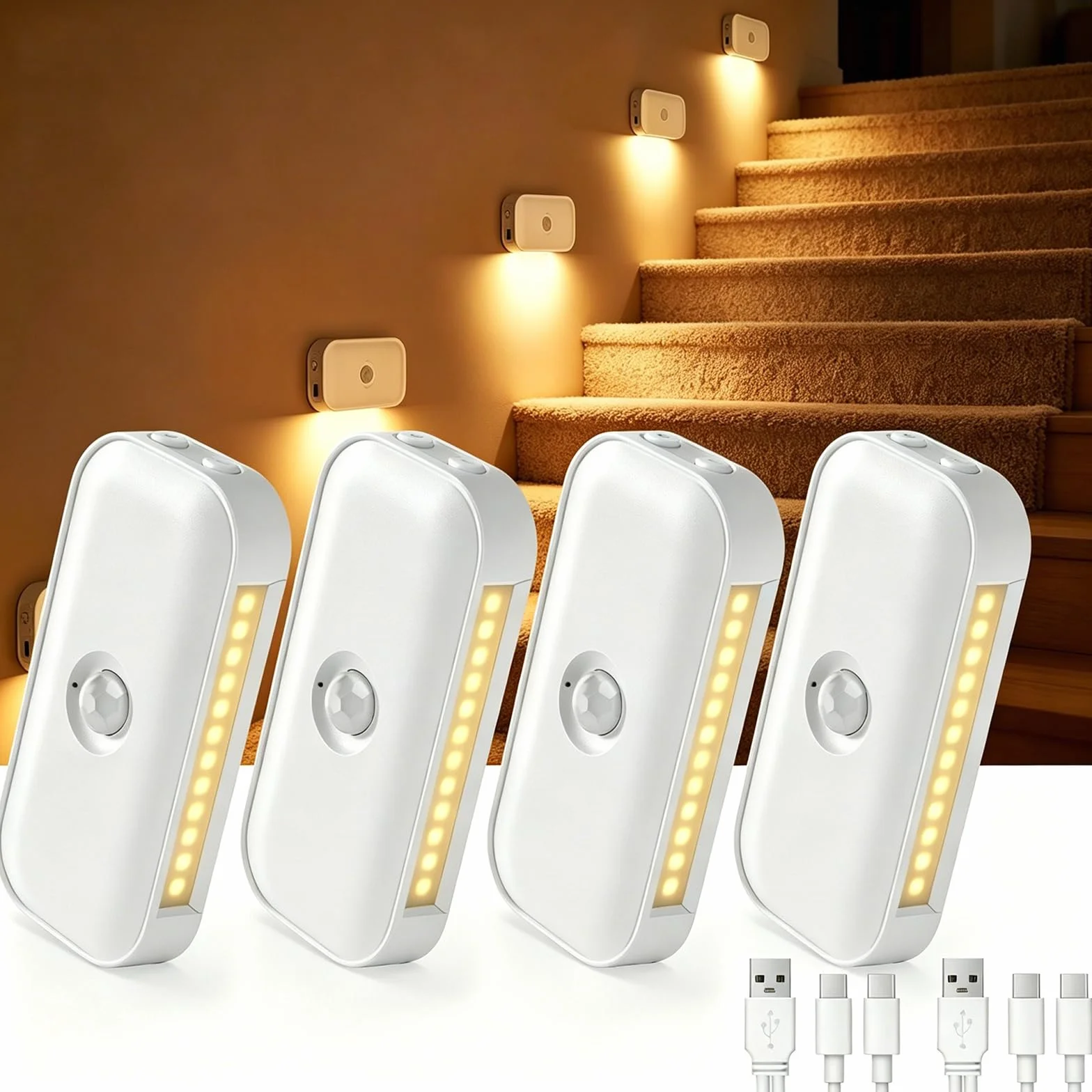 Luz Nocturna con Sensor de Movimiento Recargable 4 Piezas Blanco Cálido 3 Modos Auto Off Night Brillo Ajustable para Niños Pasillo Escaleras Dormitorio