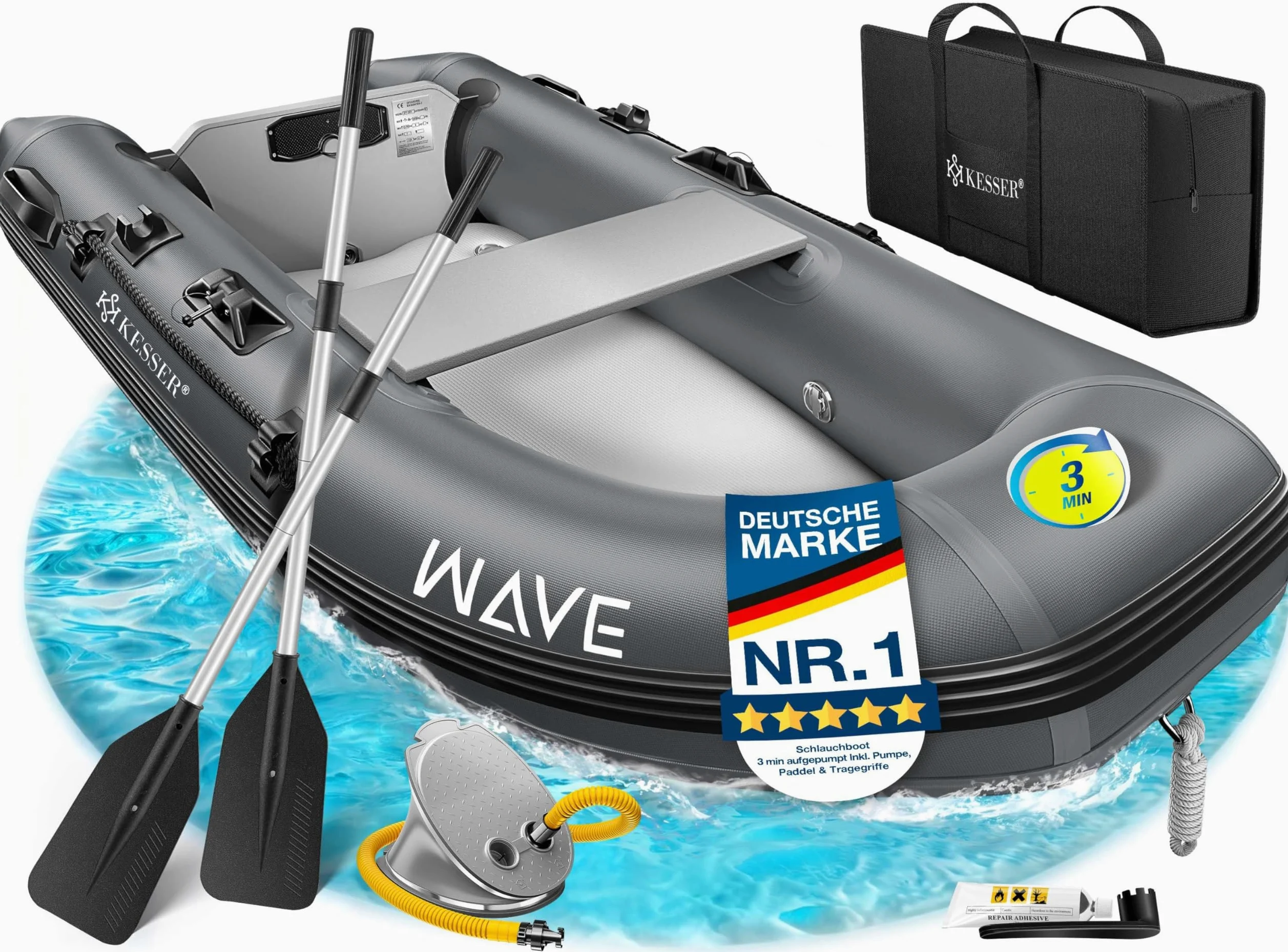 KESSER® Bote inflable Wave de 230 a 380 cm, juego de 6 piezas – barco + banco, bomba de aire, remo, kit de reparación, bolsa, bote de pesca, bote de remo pequeño y grande – combinación de motor