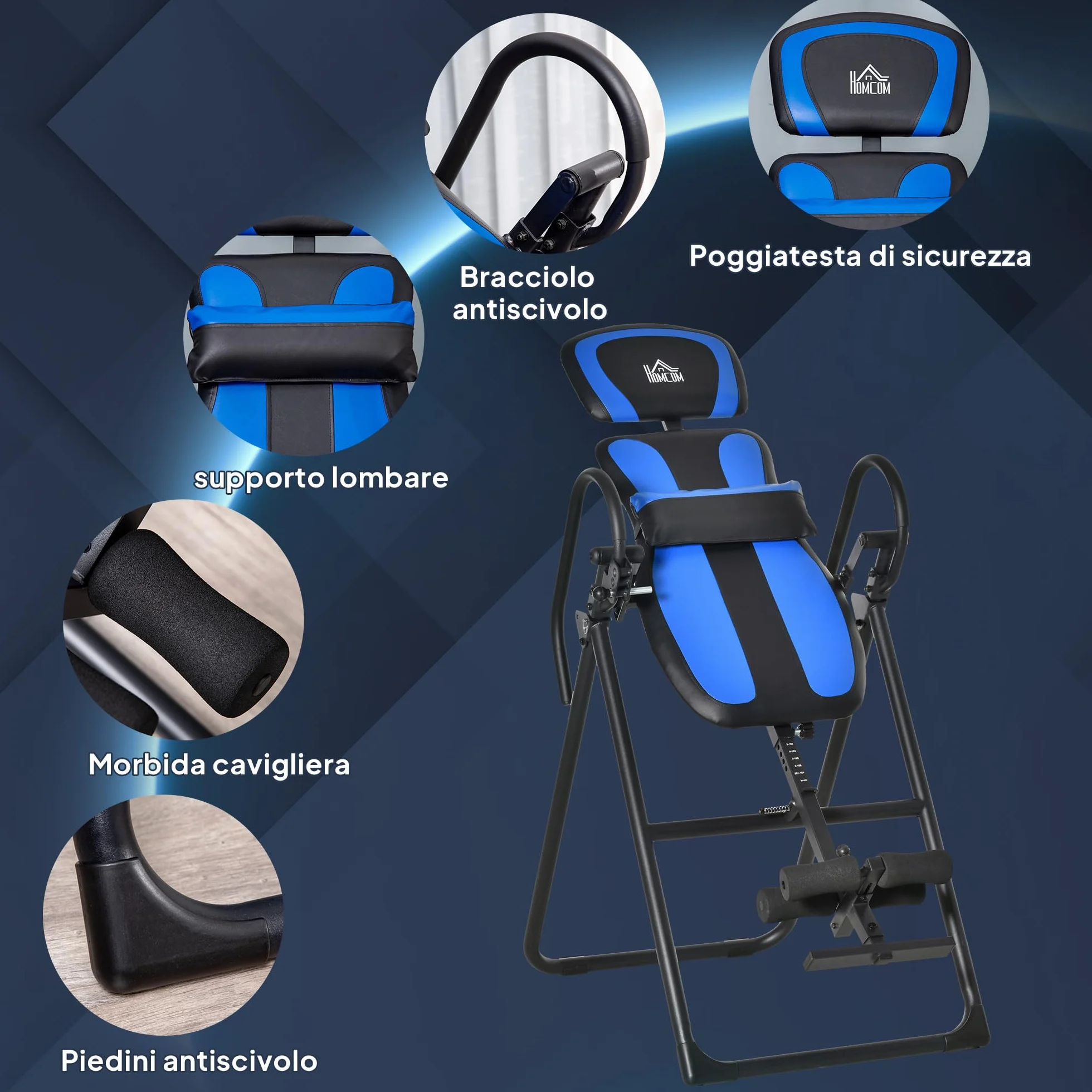 HOMCOM Tabla de Inversión Plegable con Ruedas, Altura Ajustable 140-203 cm, Banco de Inversión con Cinturón de Seguridad y Soporte de Lumbar, para Aliviar Espalda y Mejorar la Circulación