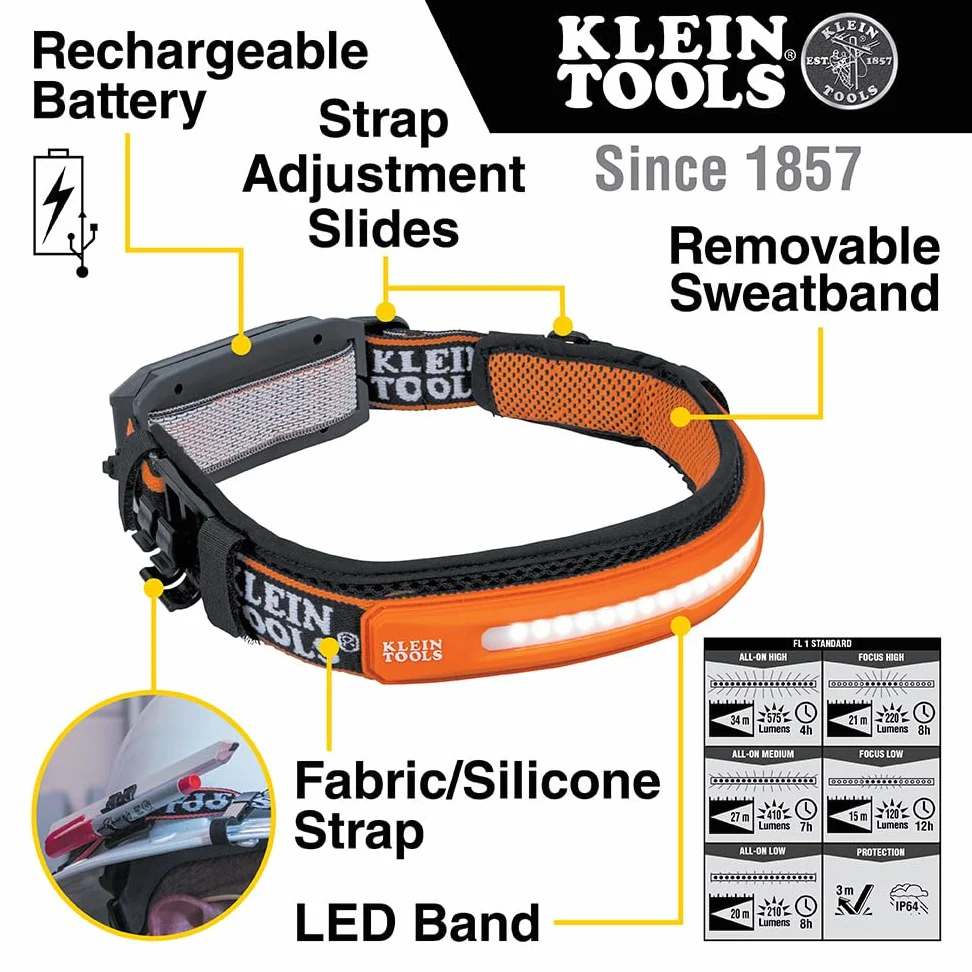 KLEIN TOOLS 56308 Linterna frontal recargable con correa, 575 lúmenes, LED de haz ancho, modos de enfoque directo o todo encendido, para trabajo y exteriores