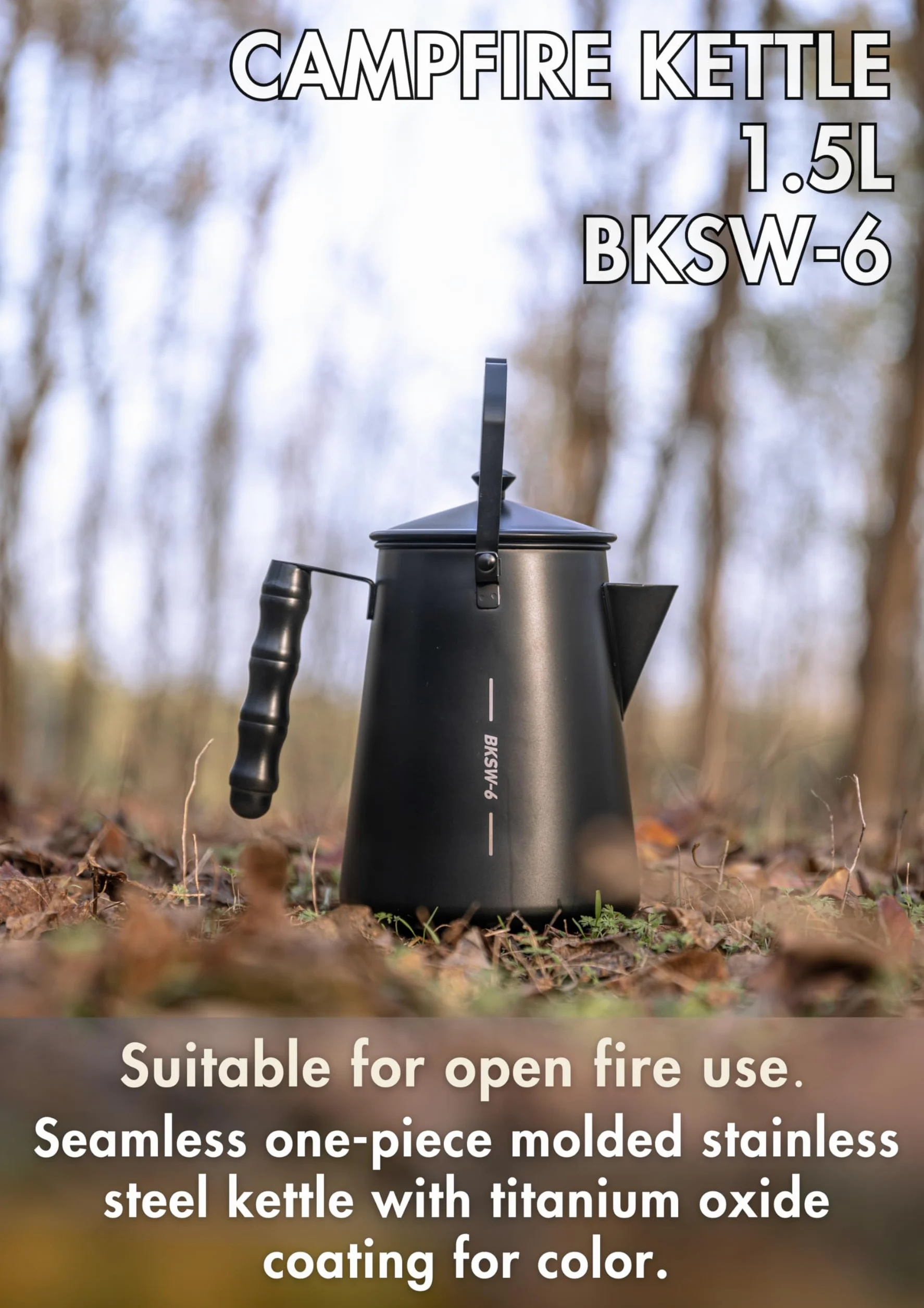CAMPINGMOON BKSW-6 - Hervidor de acero inoxidable para fogata de 1,5 L, color negro