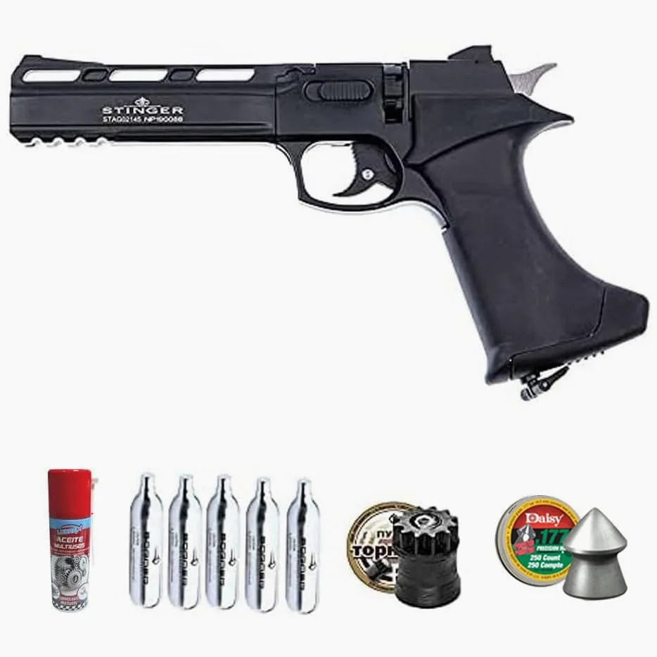 Pistola Apolo Aire comprimido Calibre 4,5mm Semiautomática CO2 Pack con Balines y Aceite