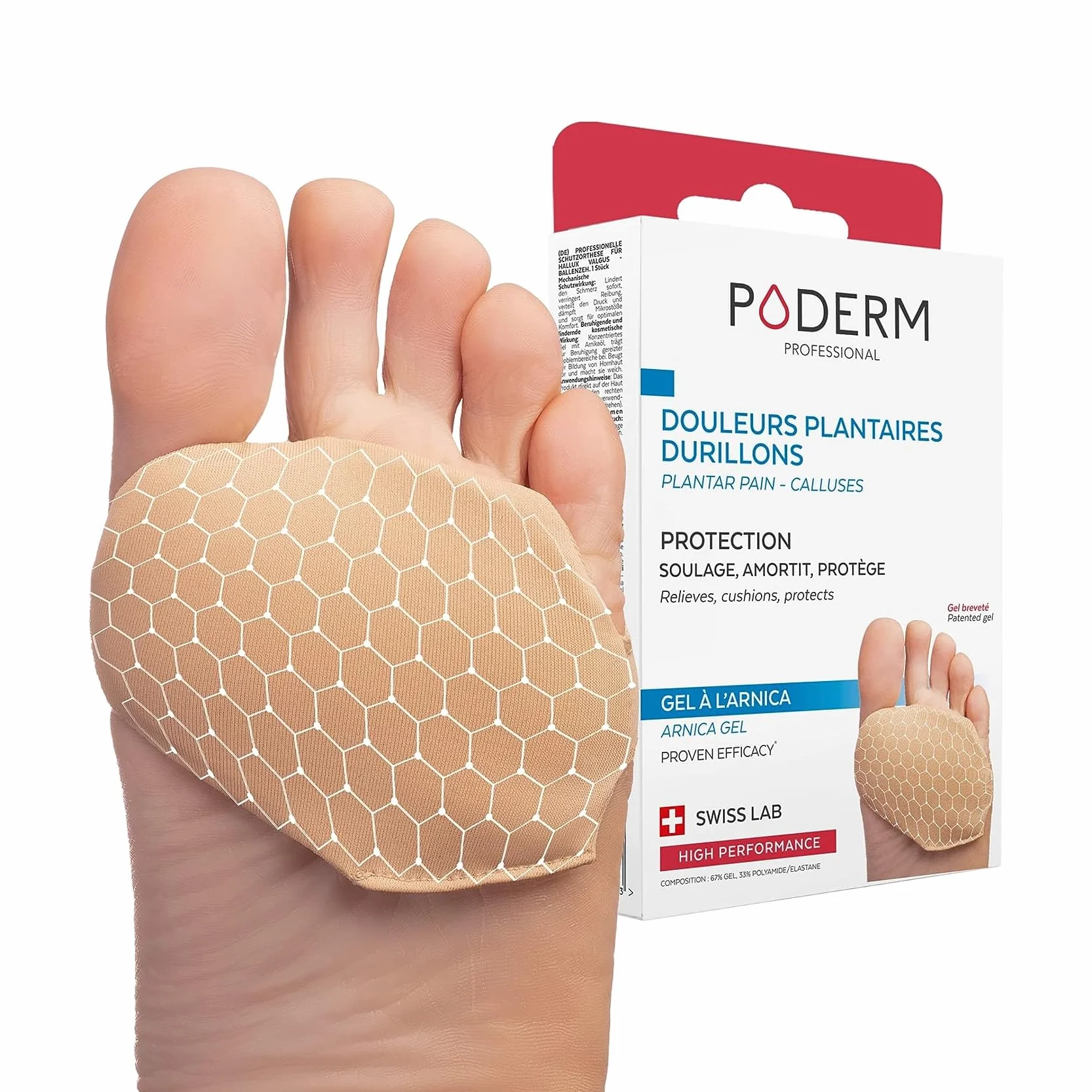 PODERM Almohadilla Plantar Gel Árnica Patentado Alivia Dolor Callos Pies 100% Naturales Swiss Lab