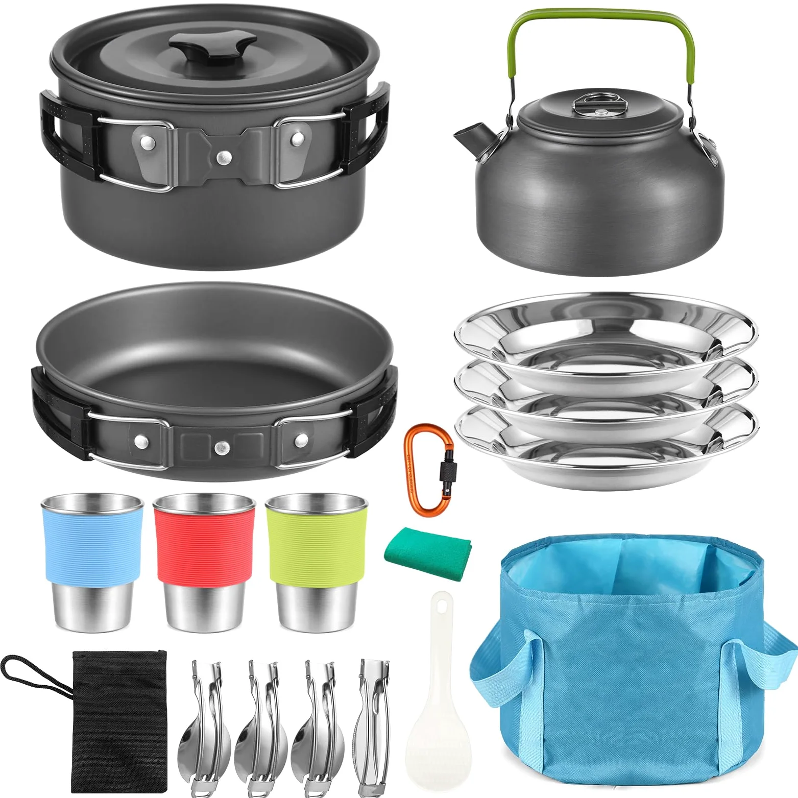 Batería de cocina para 3 personas, 22 piezas, para camping, camping, senderismo, excursionismo, con bolsa de transporte, utensilios de cocina de camping