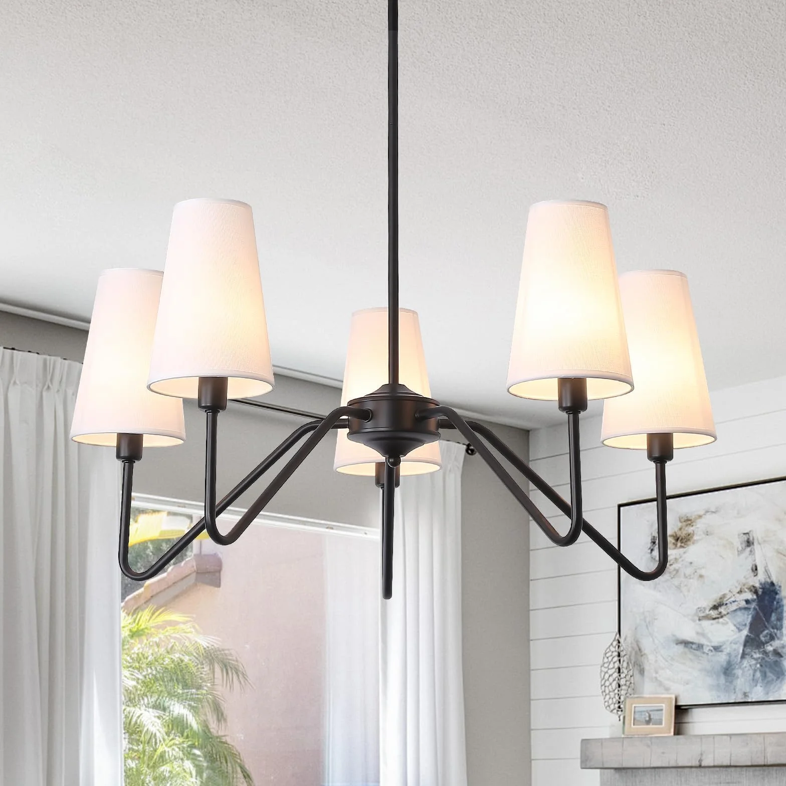 Lámpara Colgante Techo Negro 5 Luces 76cm E14 160W Pantalla Lino Blanco