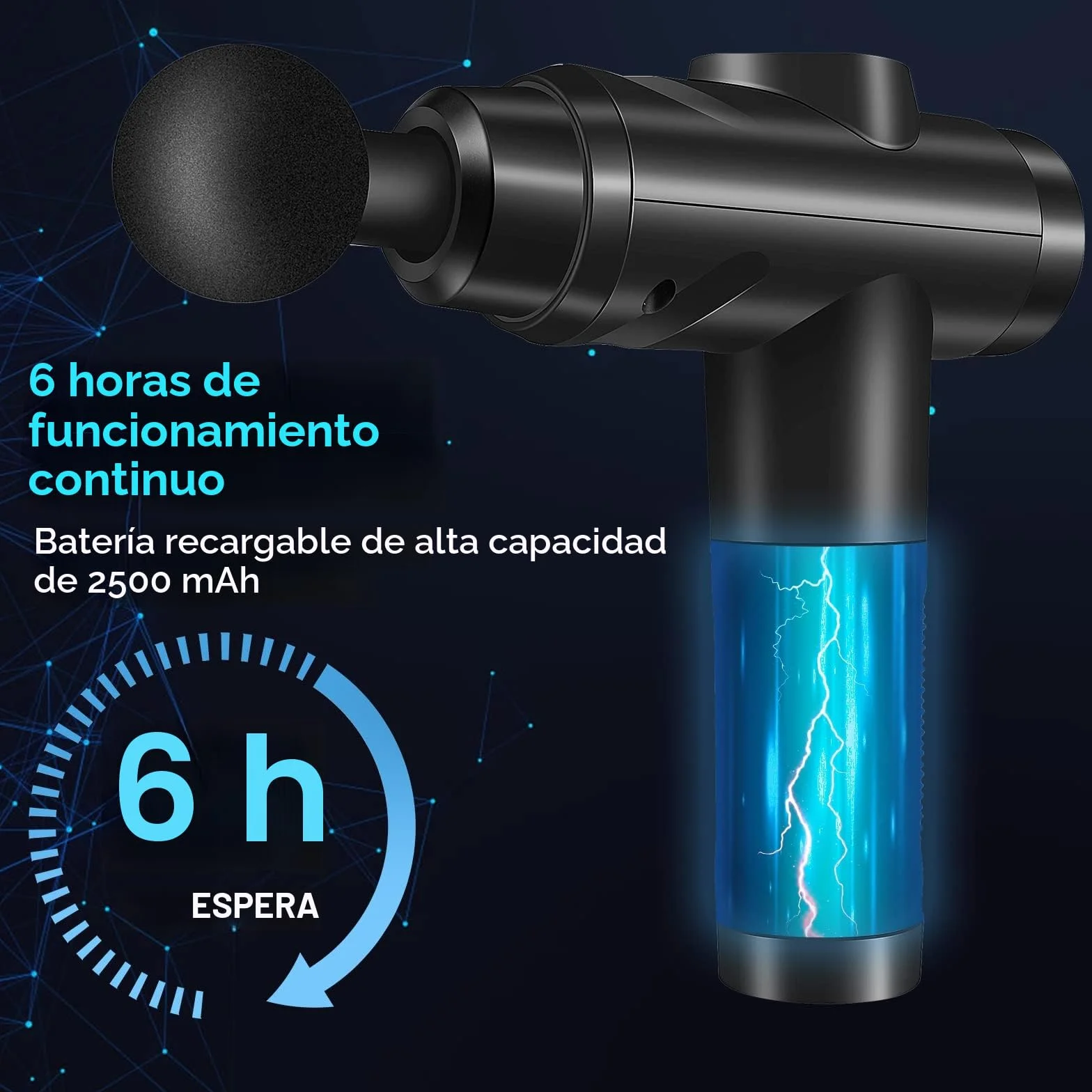 Pistola de Masaje Muscular Profesional con 30 Velocidades, Pantalla Táctil LCD, 10 Cabezales, Negro