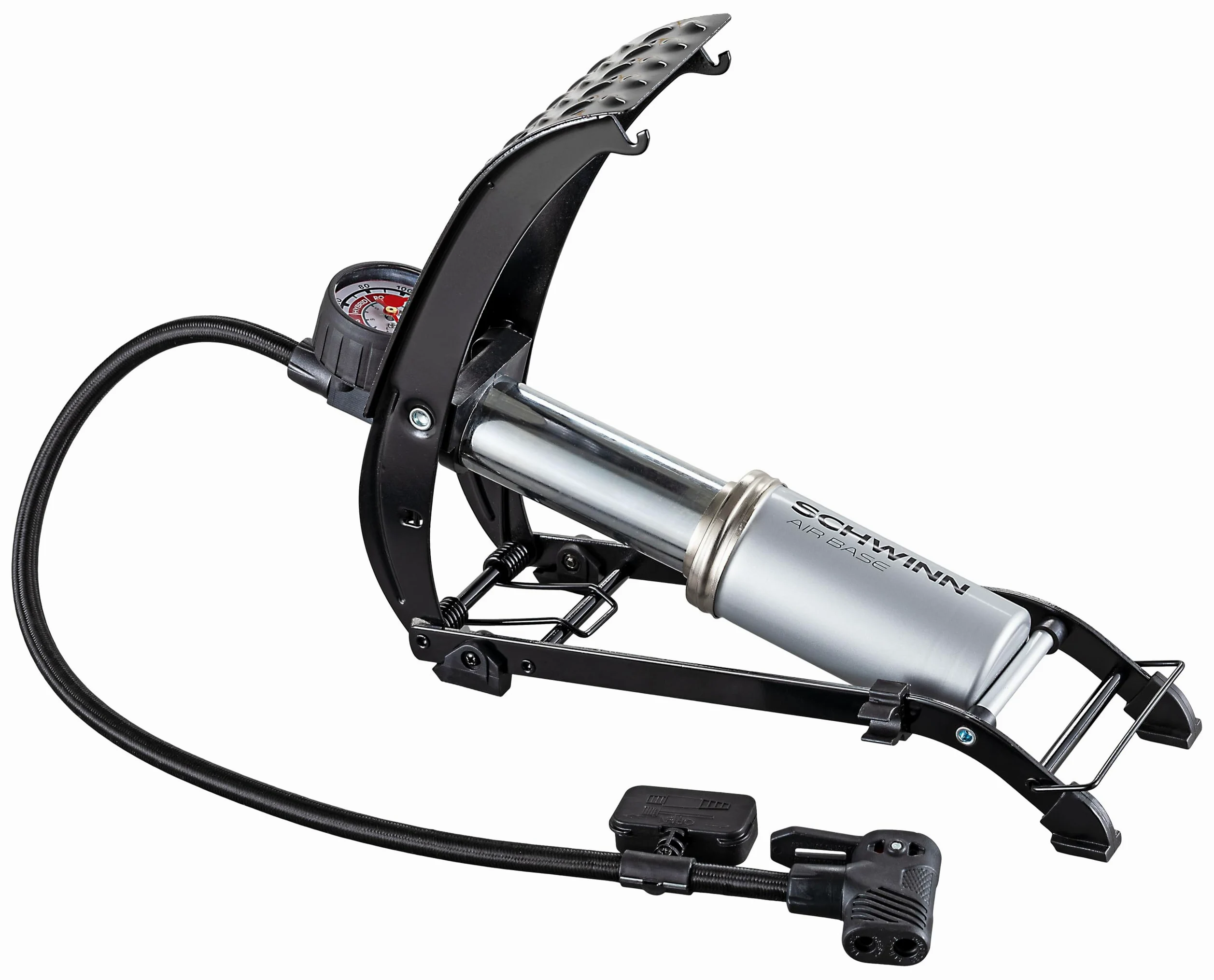 Schwinn Bomba de Bicicleta con Base de Aire, Cabezal de Bomba Doble, se Adapta a válvulas Presta y Shrader, MAX PSI 100, Manguera de Tela de 23 Pulgadas, Calibre fácil de Leer, Gris