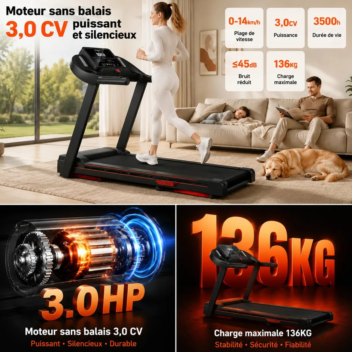 Cinta de correr plegable con inclinación al 15 %, motor sin escobillas de 3,0 HP, silencioso <45 dB, 12 + 3 programas inteligentes, amortiguación de 7 capas, sensores cardiovasculares, ahorra