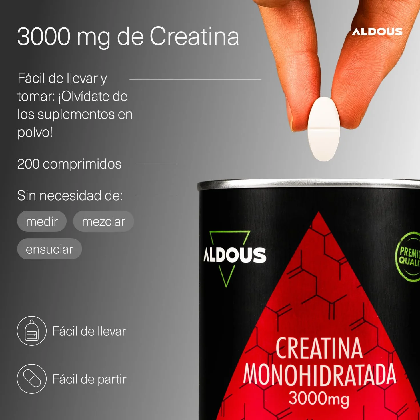 Creatina Monohidratada 3000mg 200 Comprimidos Fáciles de Partir Recuperador Muscular Suplemento Deportivo ALDOUS