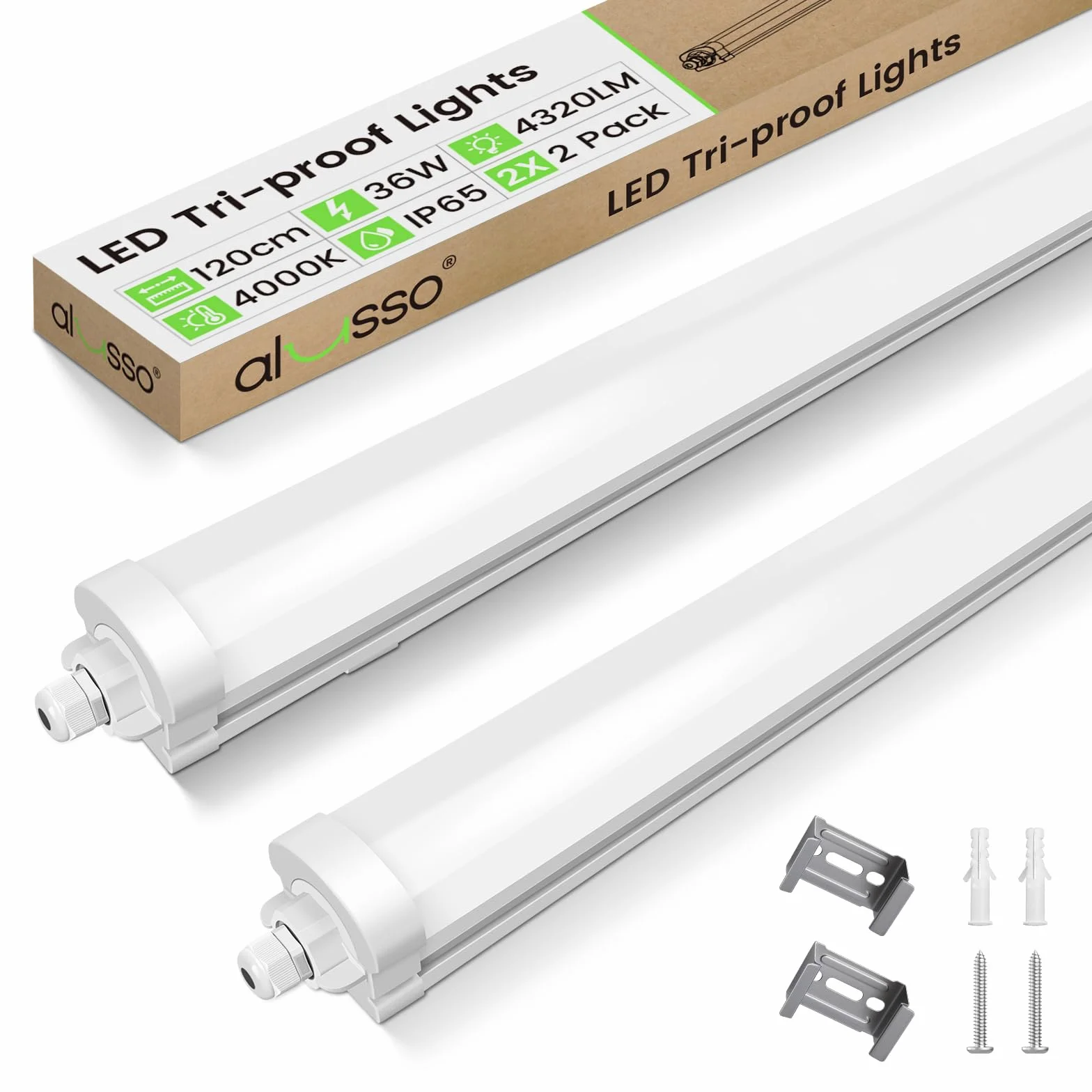 ALUSSO 2Pcs Pantalla LED Tubo Integrado 120CM 36W 4320LM 4000K IP65 Lámparas para Oficina Garaje Taller