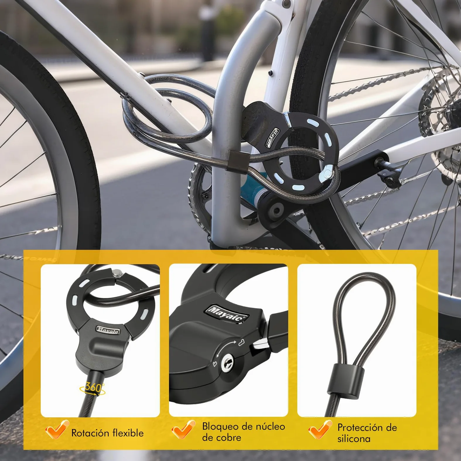 Candado Bicicleta Antirrobo, iWarmbase Candado Patinete Electrico, 120 cm/14 mm para Bicicletas Eléctricas, Antirrobo Para Bici, para Scooters/Patinete Eléctricas/Bicicletas