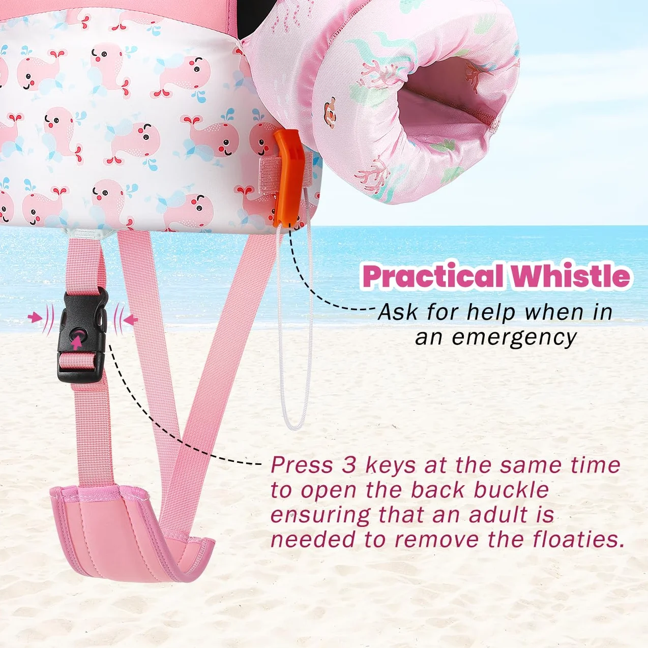 HeySplash Chaleco de Natación para Niños, Traje de Baño Flotante con Correa Ajustable para Pequeños de 6-15kg Aprender a Nadar, Flotador de Brazo de Piscina con Silbato, Ballena Rosa