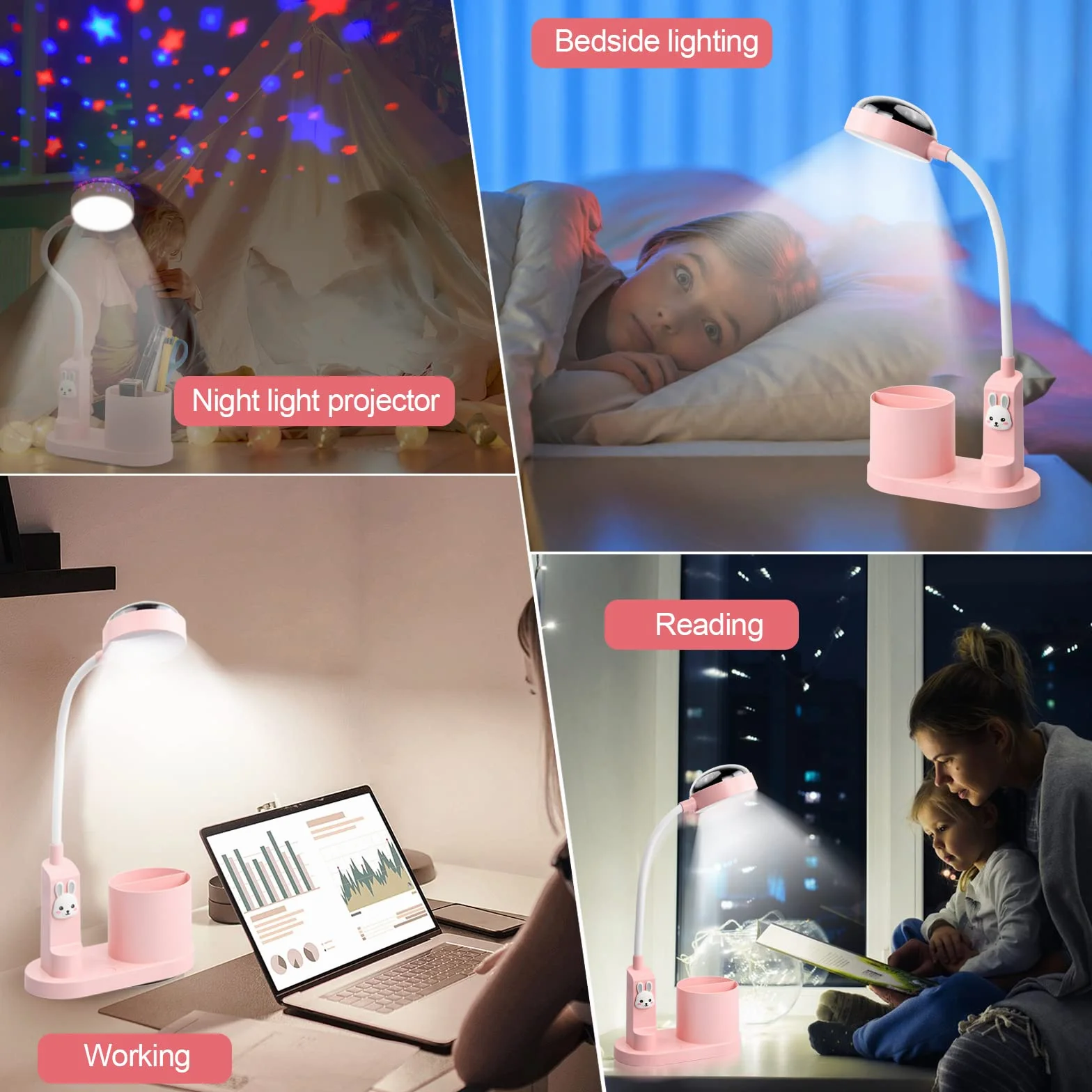 Lámpara de escritorio para niños con proyección de estrella, recargable, cuello de cisne flexible, conejo rosa
