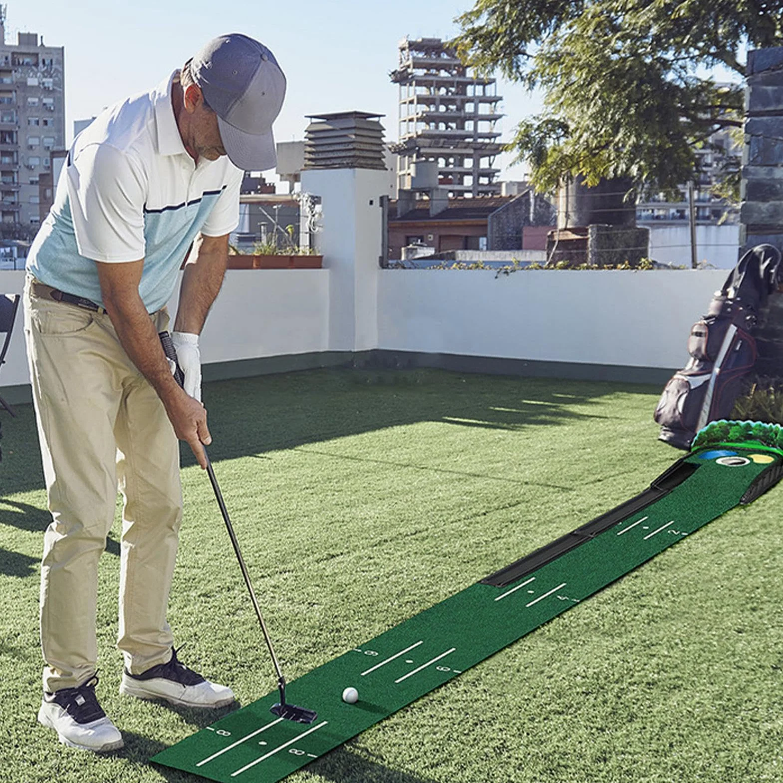 Putting Green Mat, Golf Putting Mat | Putting de golf cubierto Tech - Accesorios de golf con base de madera maciza para uso en interiores y exteriores de terciopelo con retorno automático de pelota pa