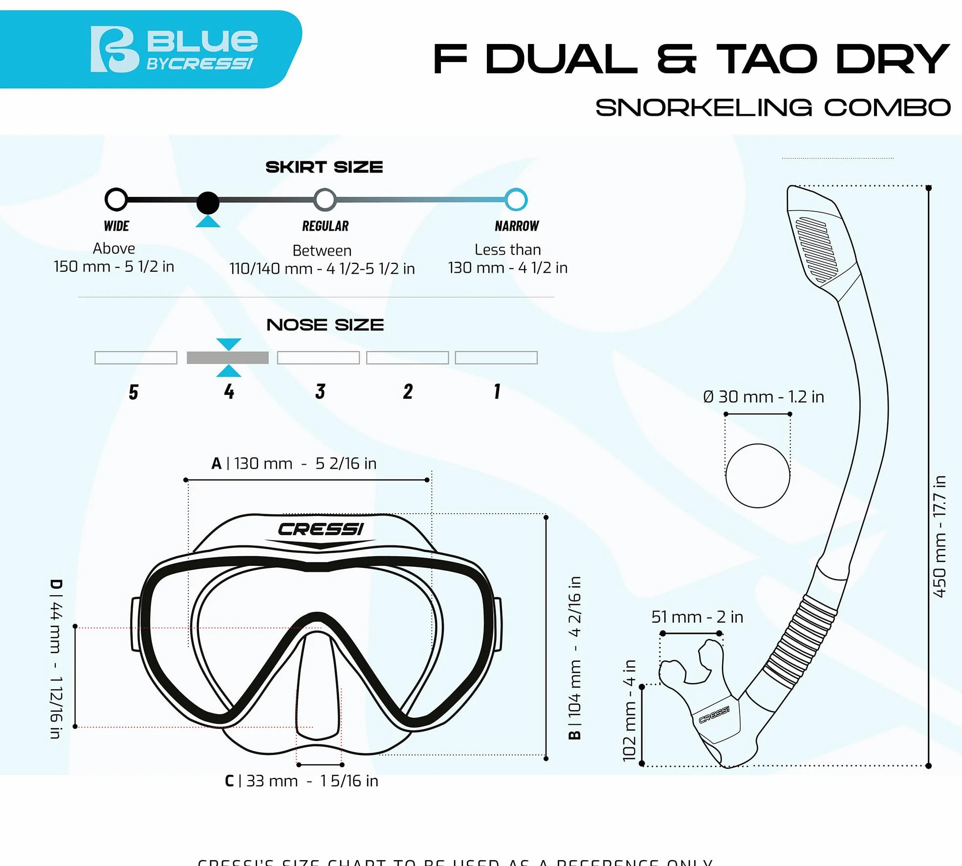Cressi Máscara de Buceo sin Marco de Lente única y esnórquel seco para esnórquel, Buceo, F-Dual y Tao Dry: diseñado en Italia